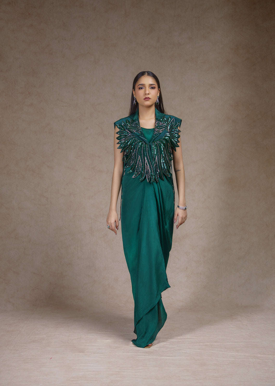 Embroidered jacket with drape dress set