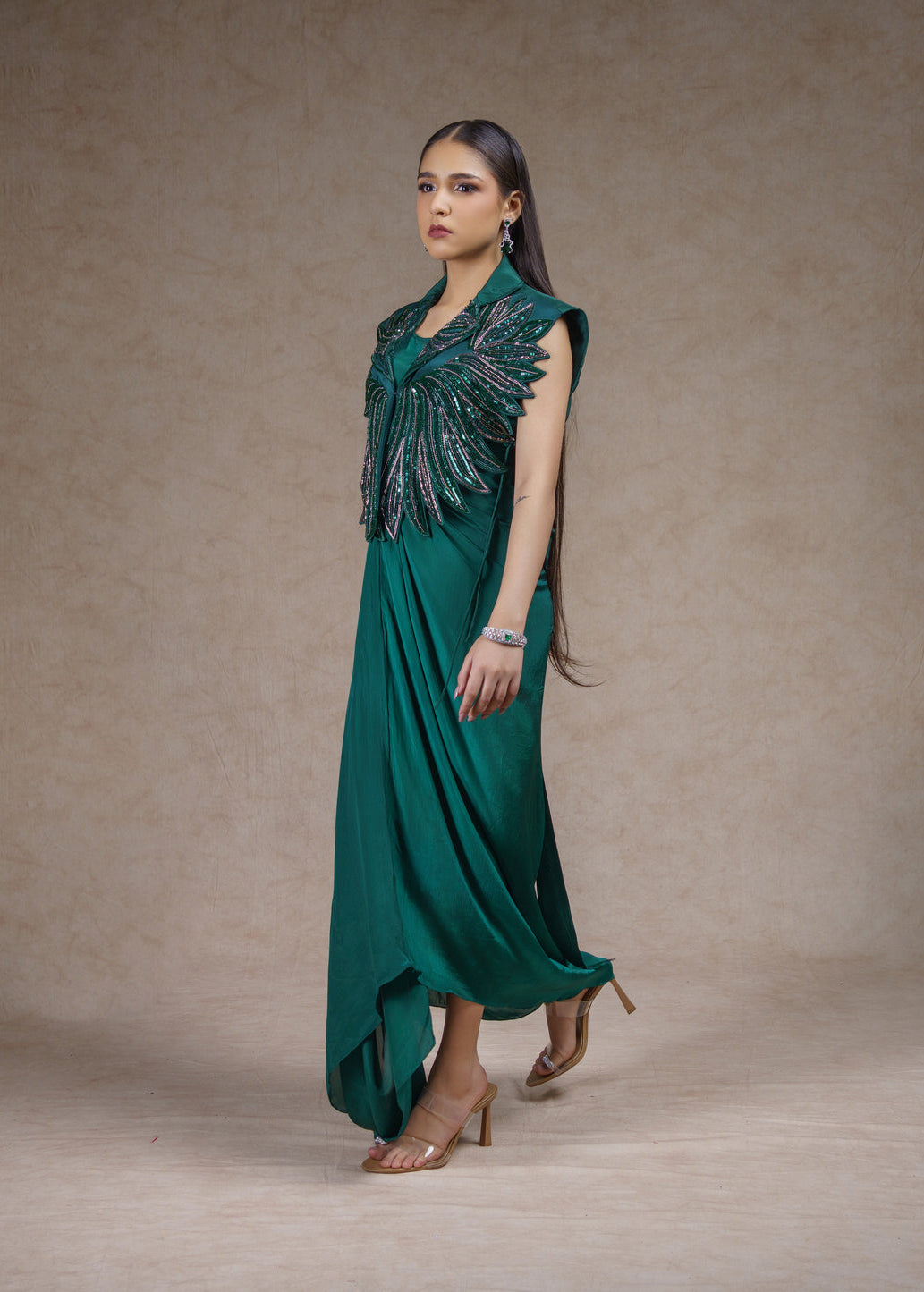 Embroidered jacket with drape dress set