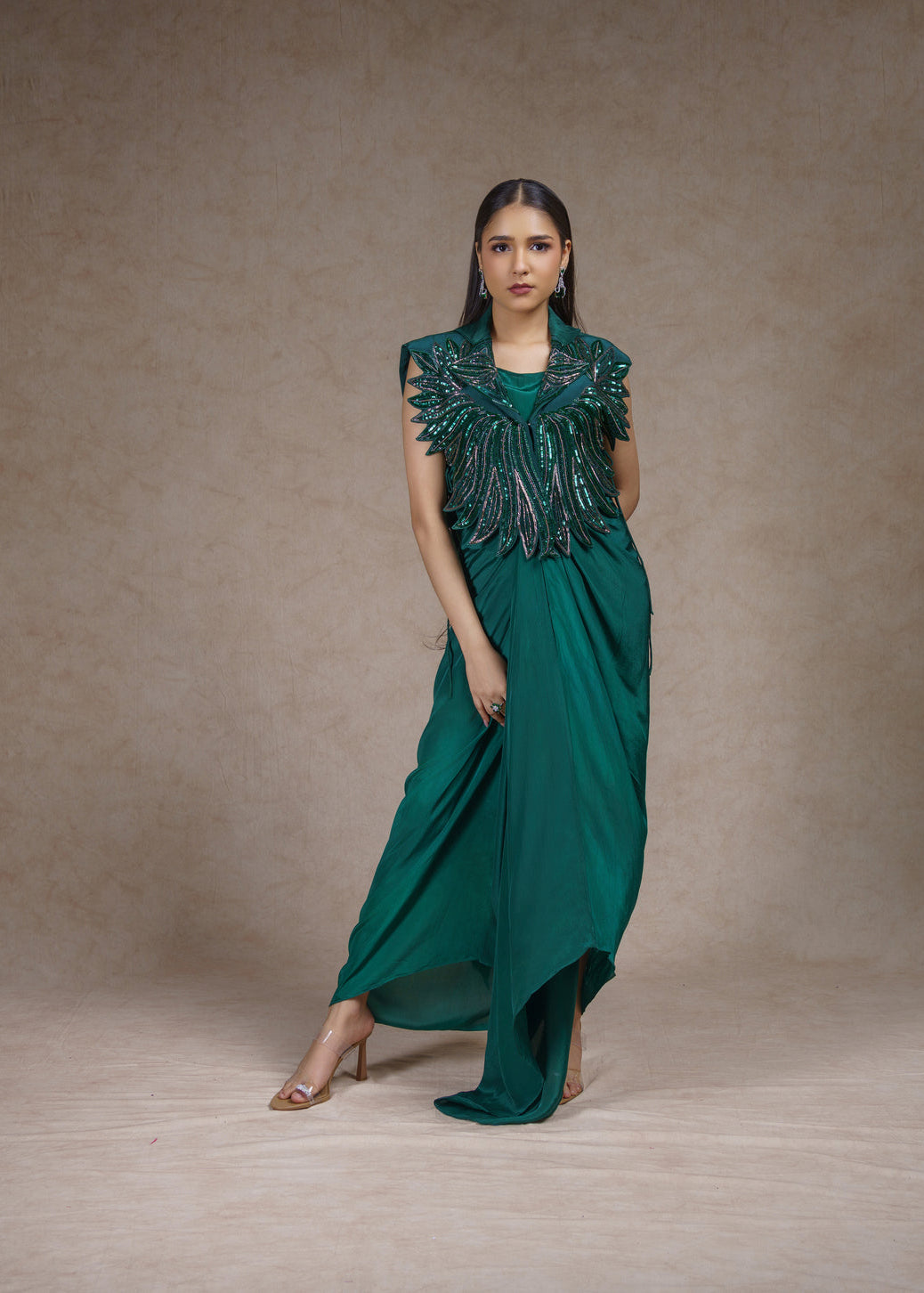 Embroidered jacket with drape dress set