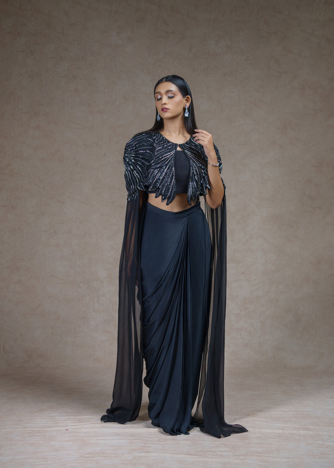 Black stardust embroidered jacket with drape skirt set
