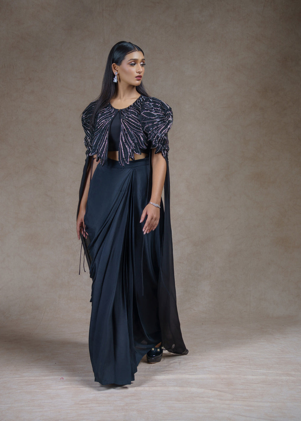 Black stardust embroidered jacket with drape skirt set