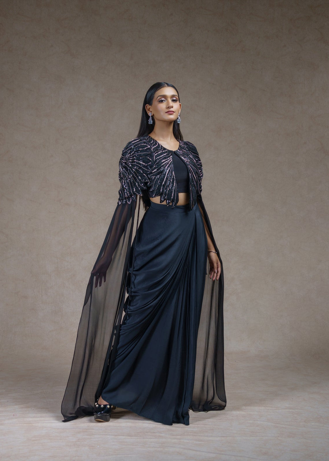 Black stardust embroidered jacket with drape skirt set