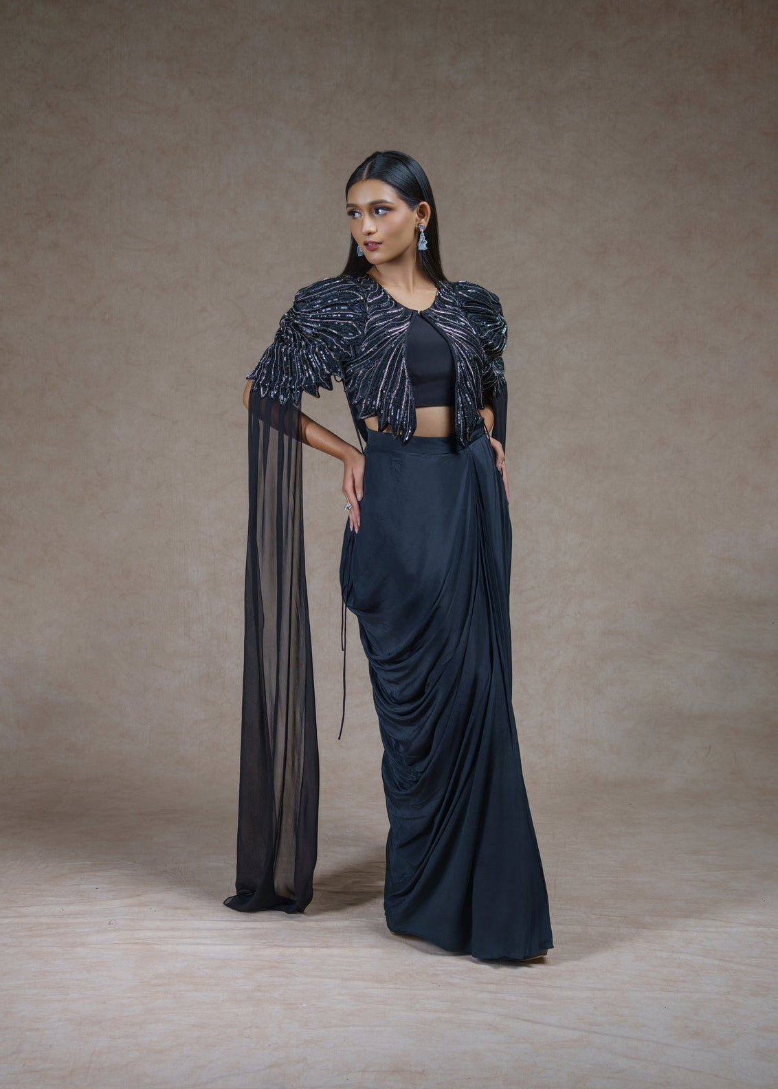 Black stardust embroidered jacket with drape skirt set