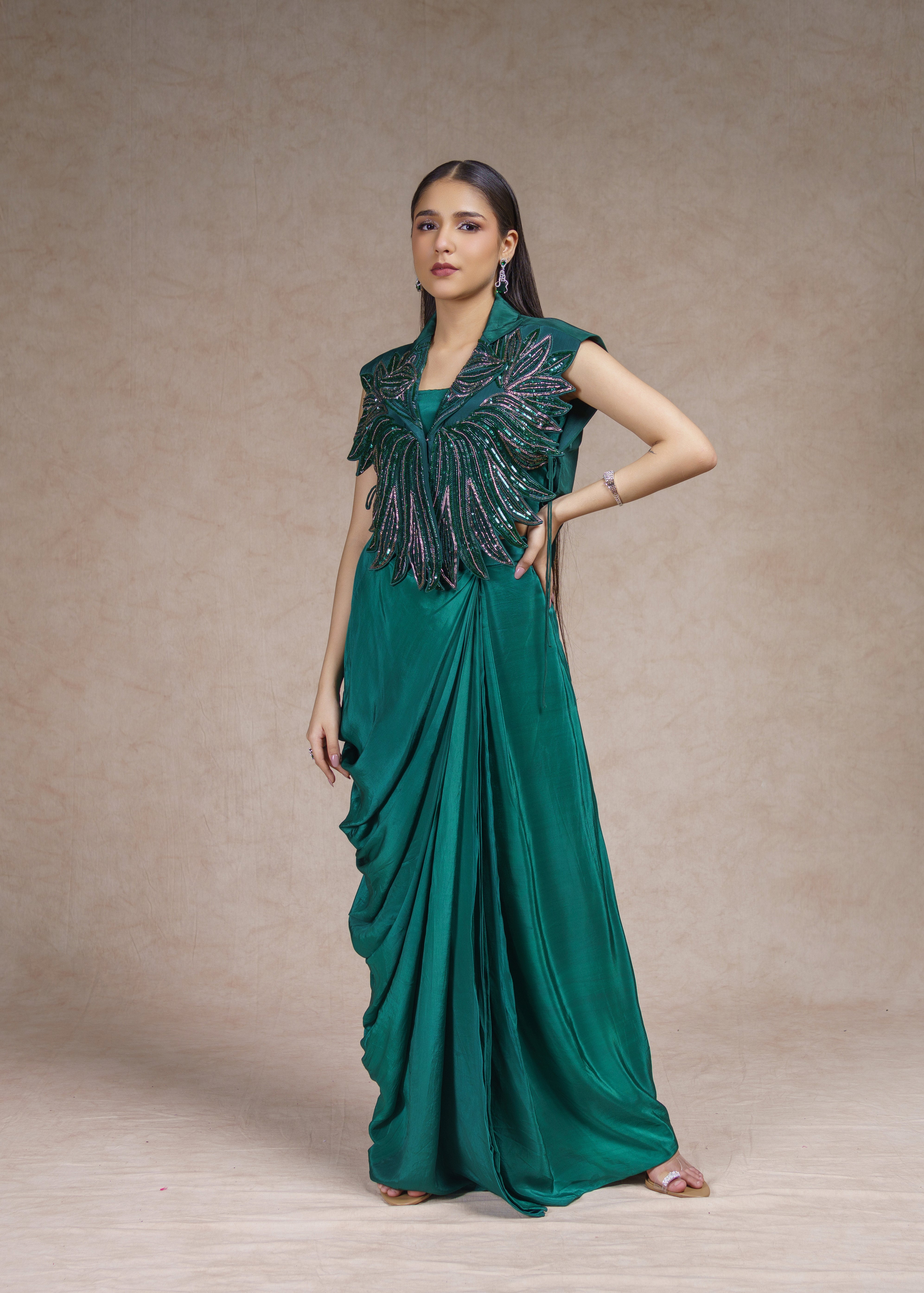 Green drape skirt set with sleeveless jacket