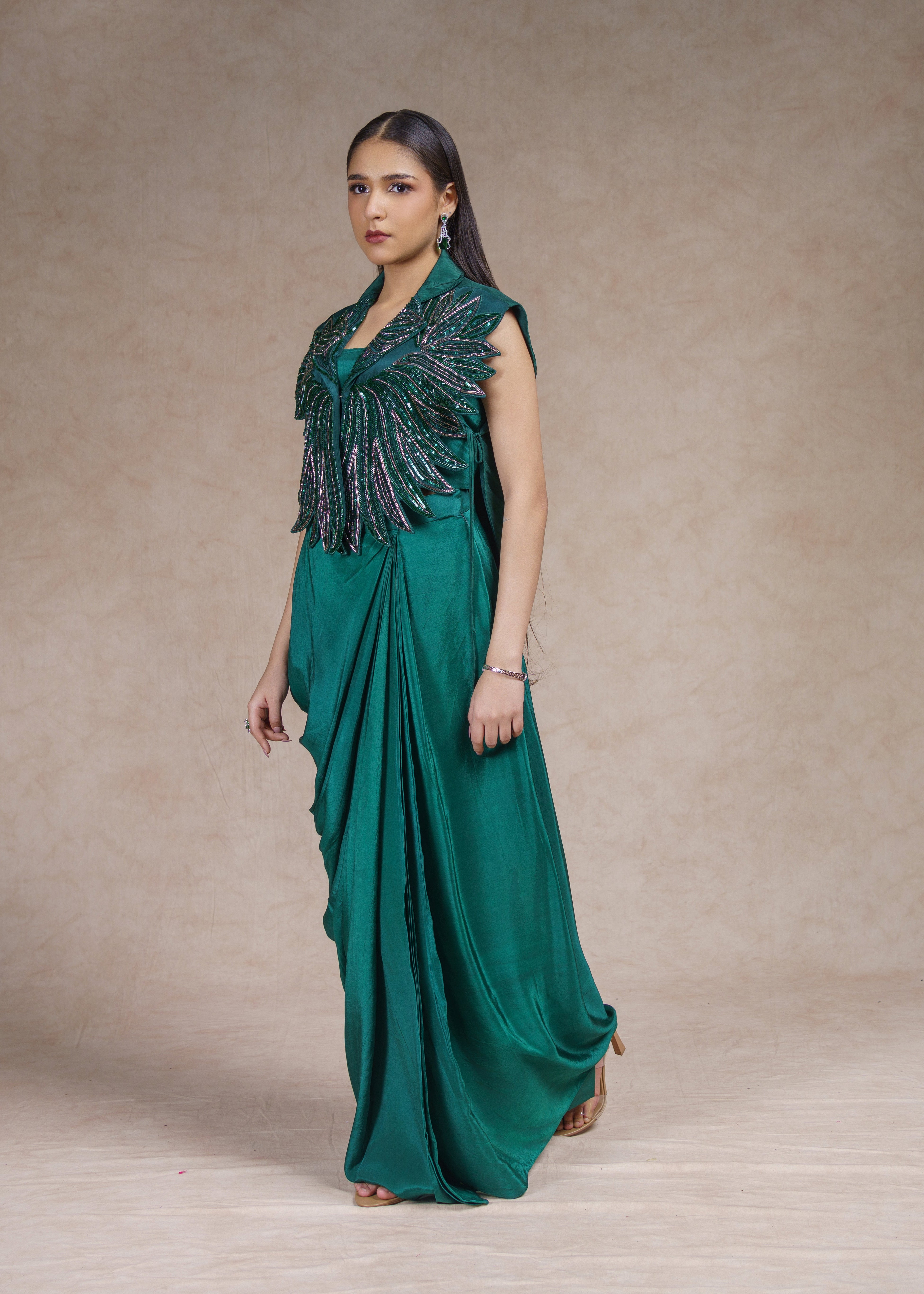 Green drape skirt set with sleeveless jacket