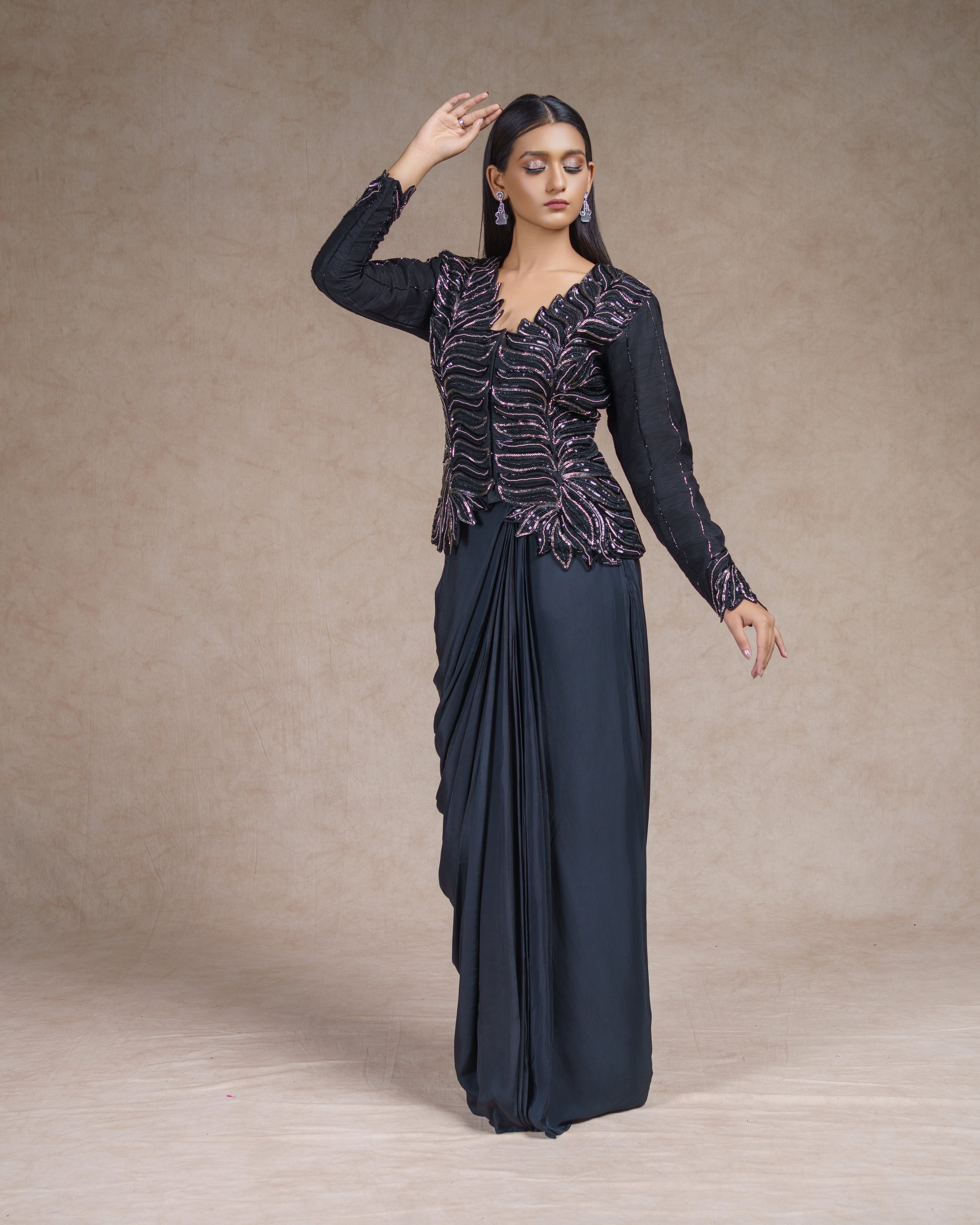 Midnight Noir Draped Couture Ensemble
