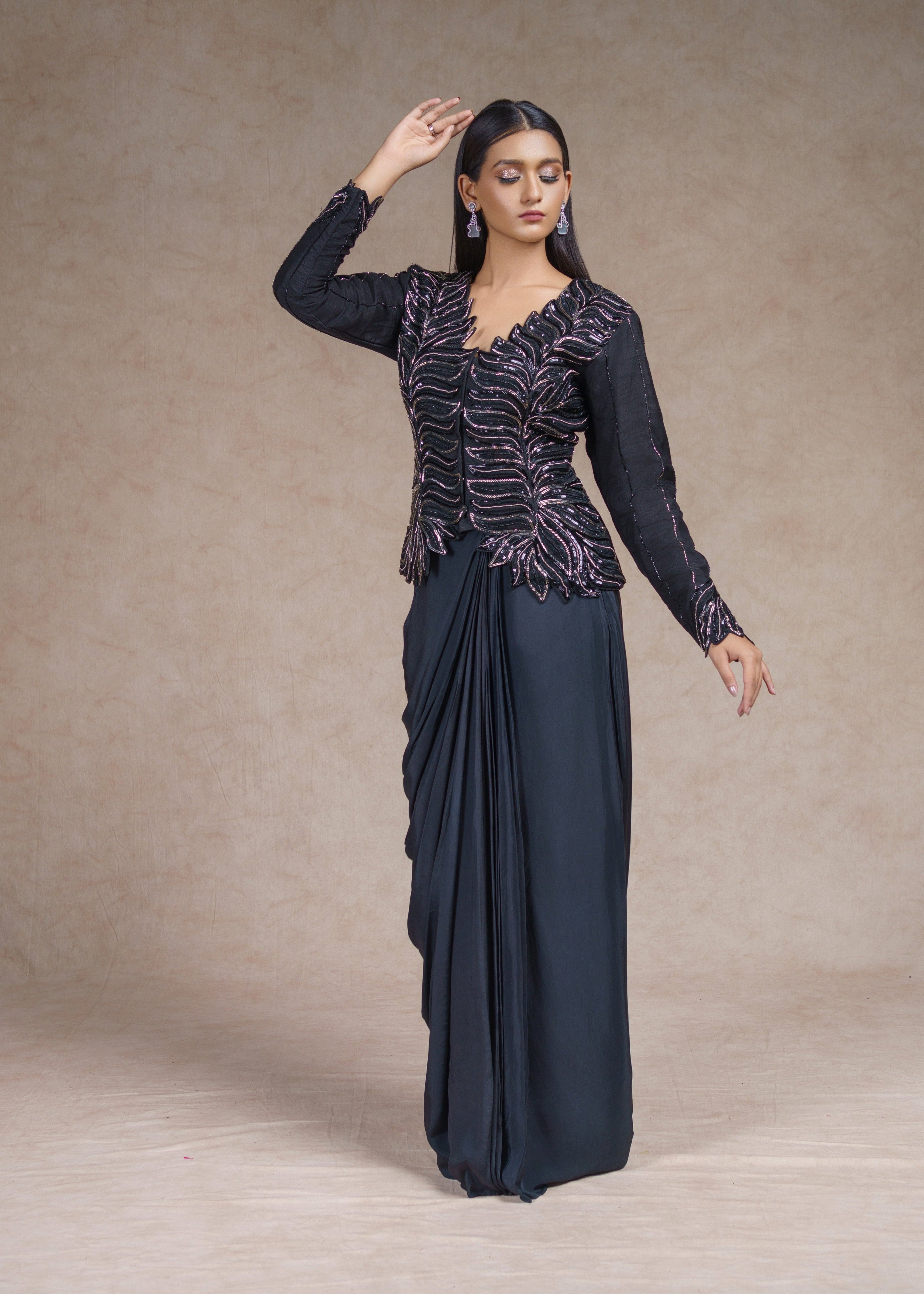 Stardust embroidered full sleeve jacket with drape skirt set
