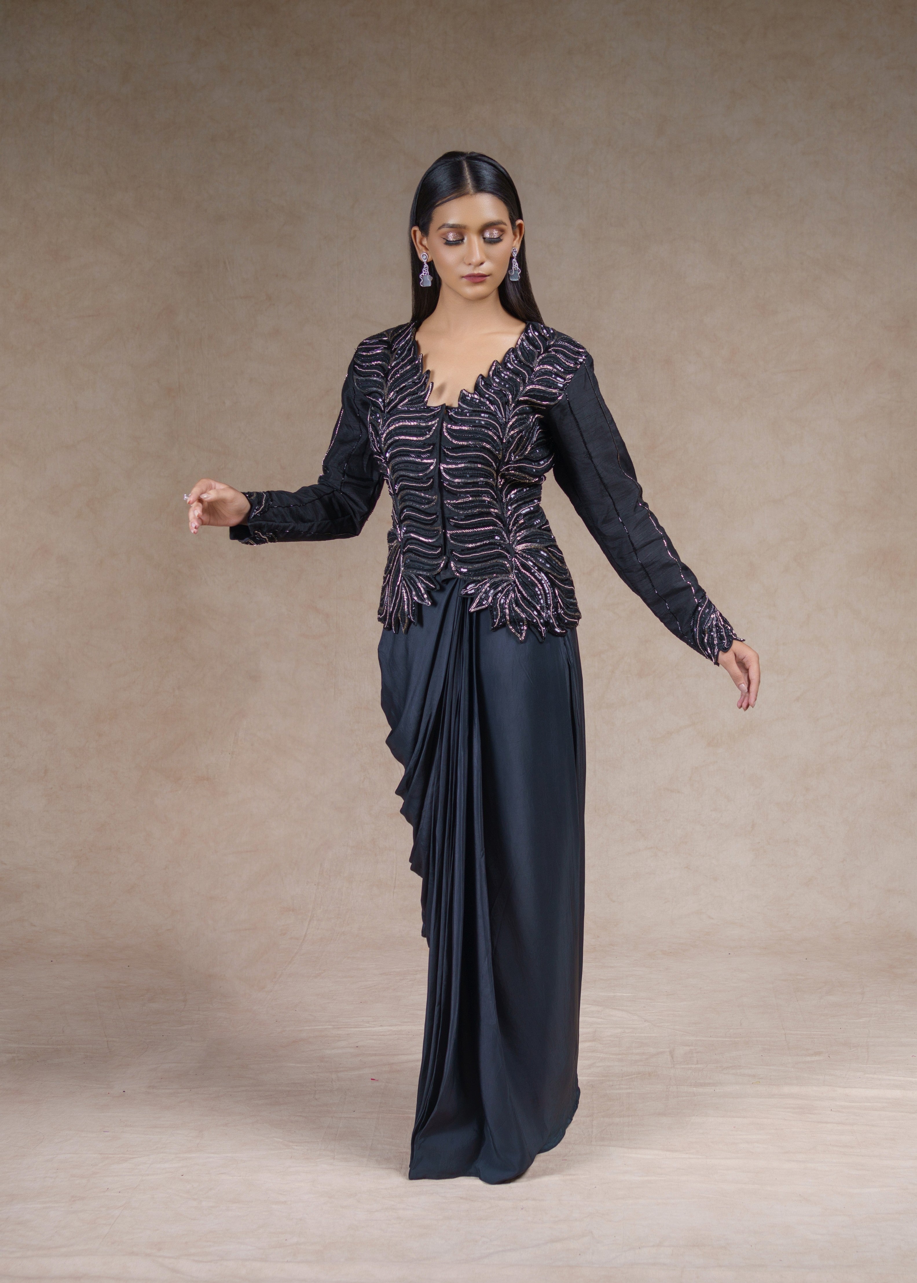 Stardust embroidered full sleeve jacket with drape skirt set