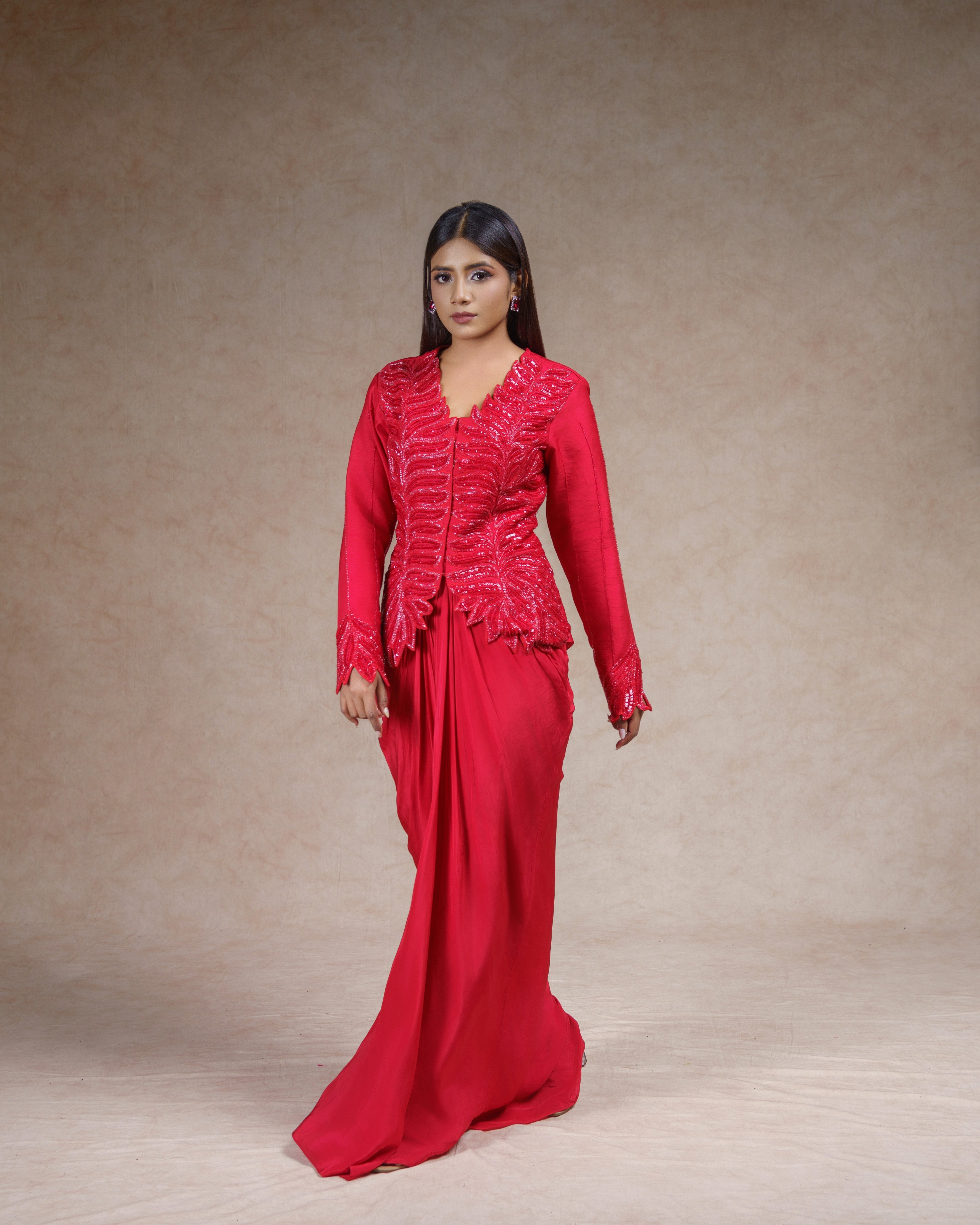 Red Full Sleeved Jacket Set