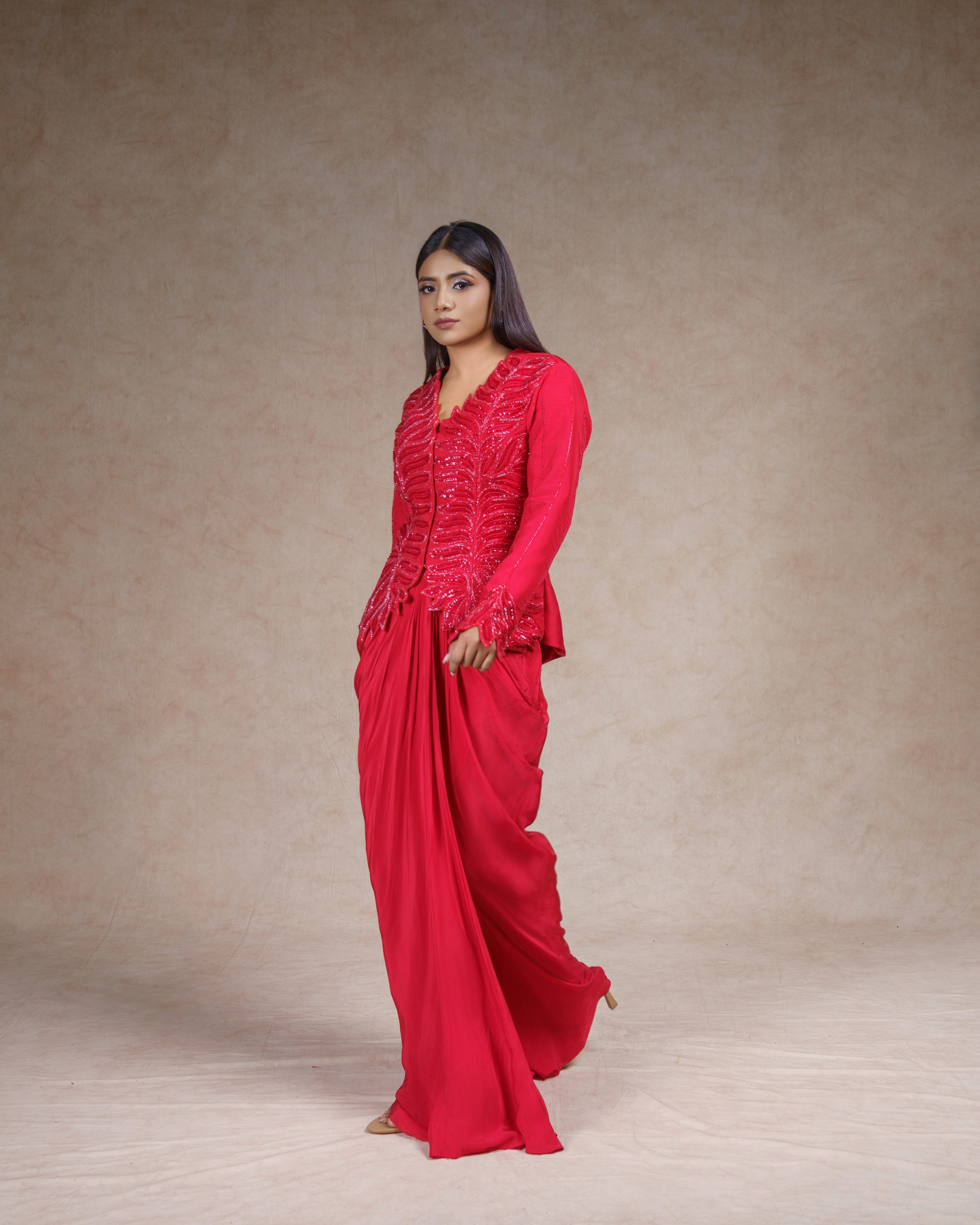 Red Full Sleeved Jacket Set