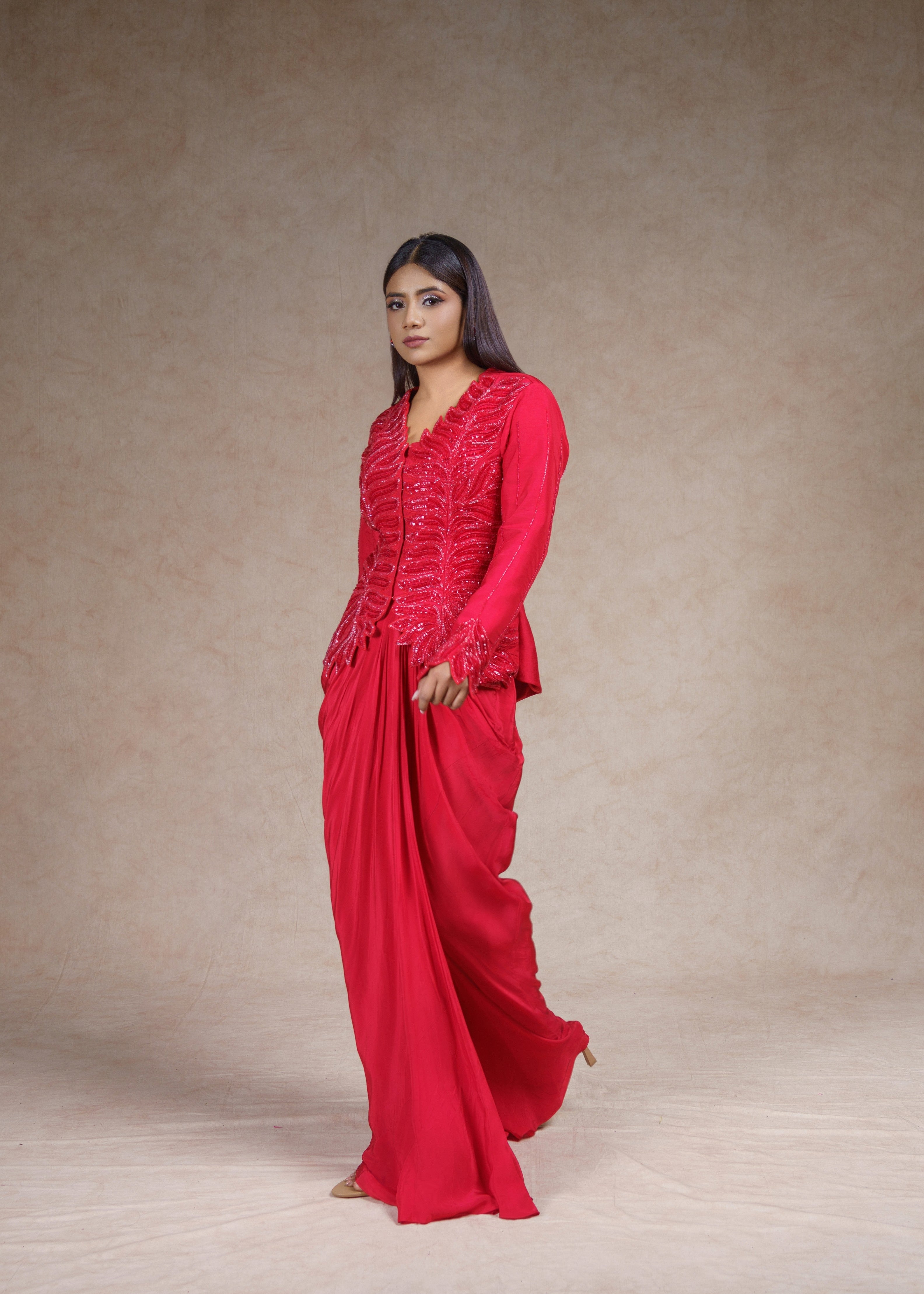 Stardust embroidered full sleeve jacket with drape skirt set