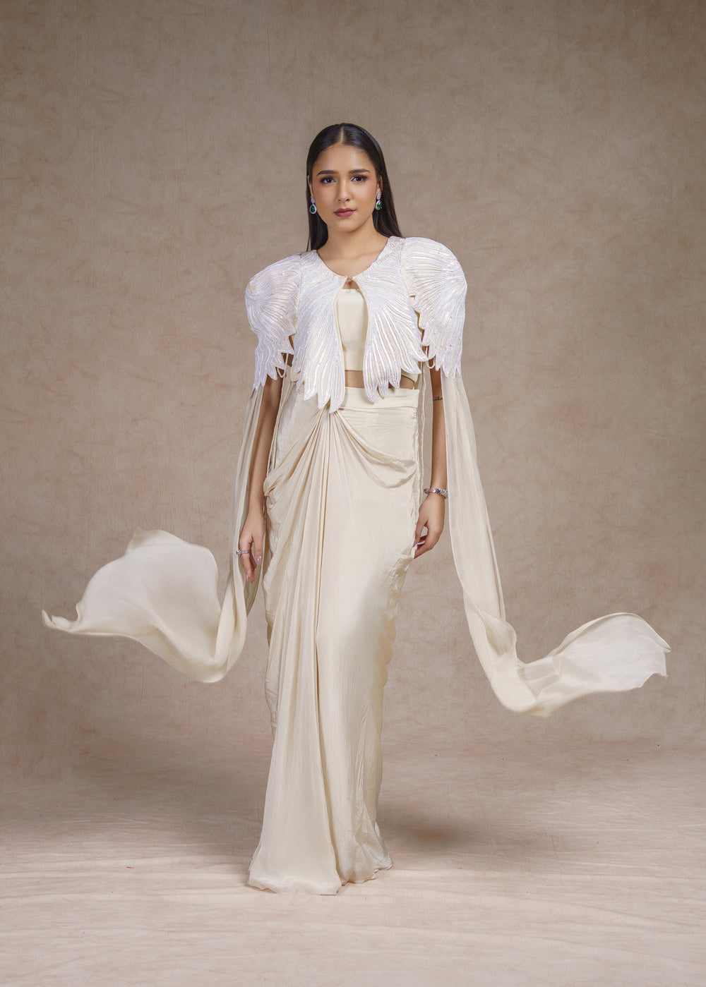 Ivory stardust embroidered jacket with drape skirt set