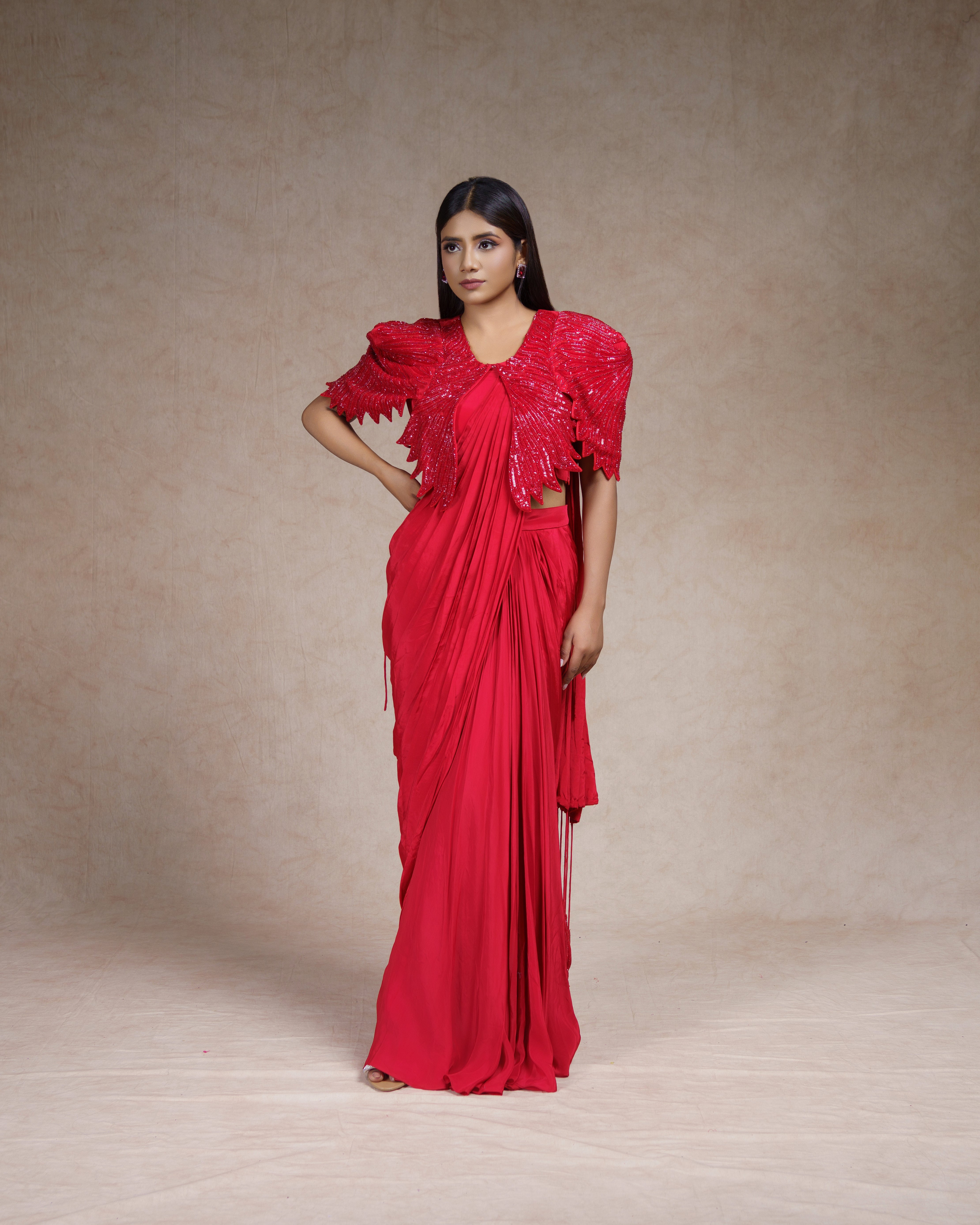 Red bat sleeve saree