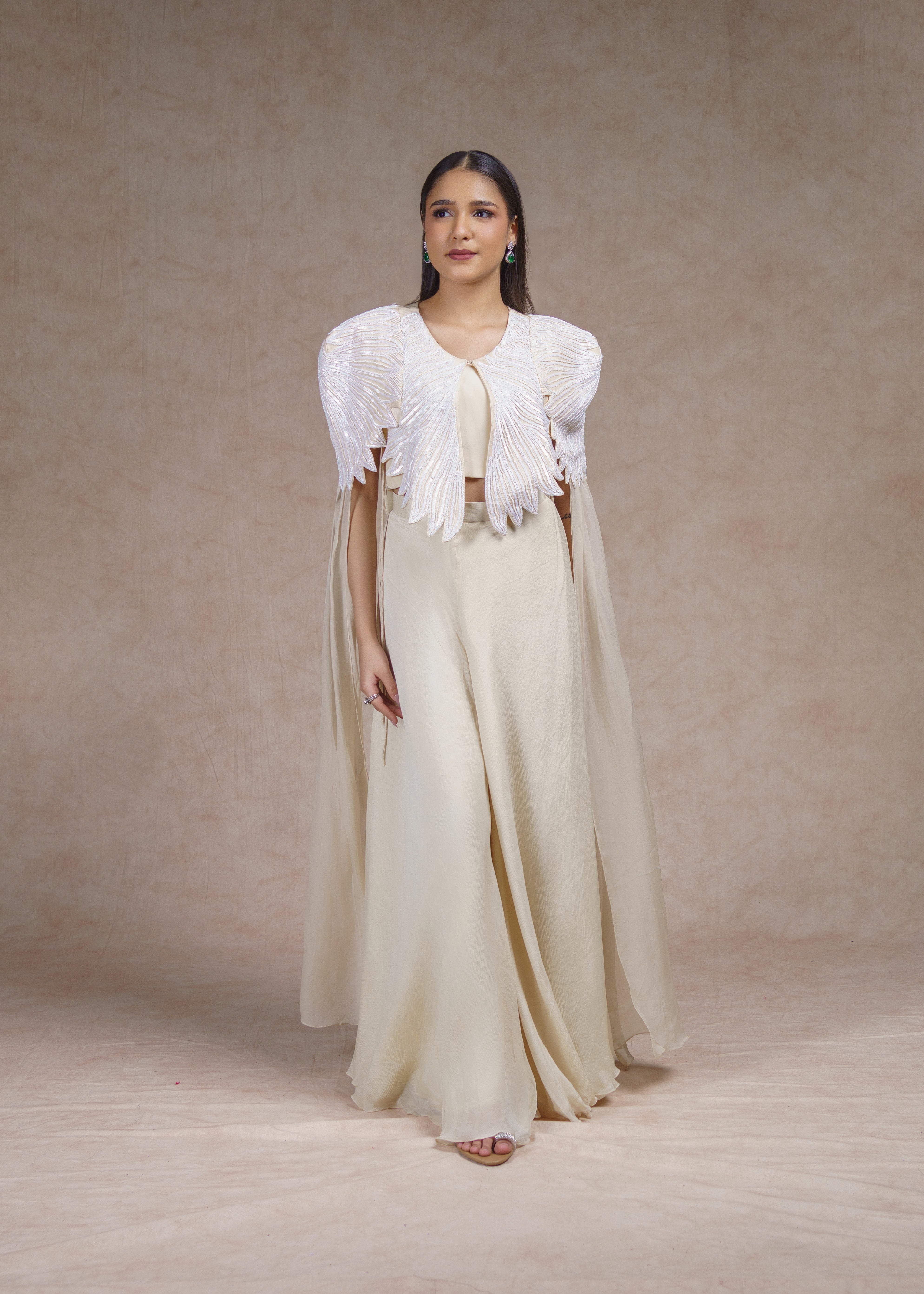 Ivory Drape skirt set with sleeveless jacket