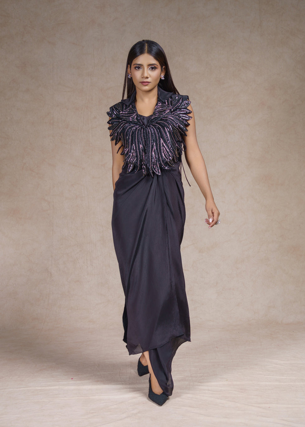 Black stardust embroidered sleeveless jacket with drape dress set