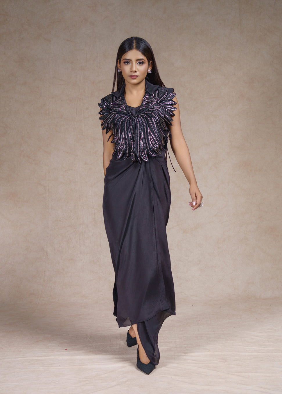 Embroidered jacket with drape dress set