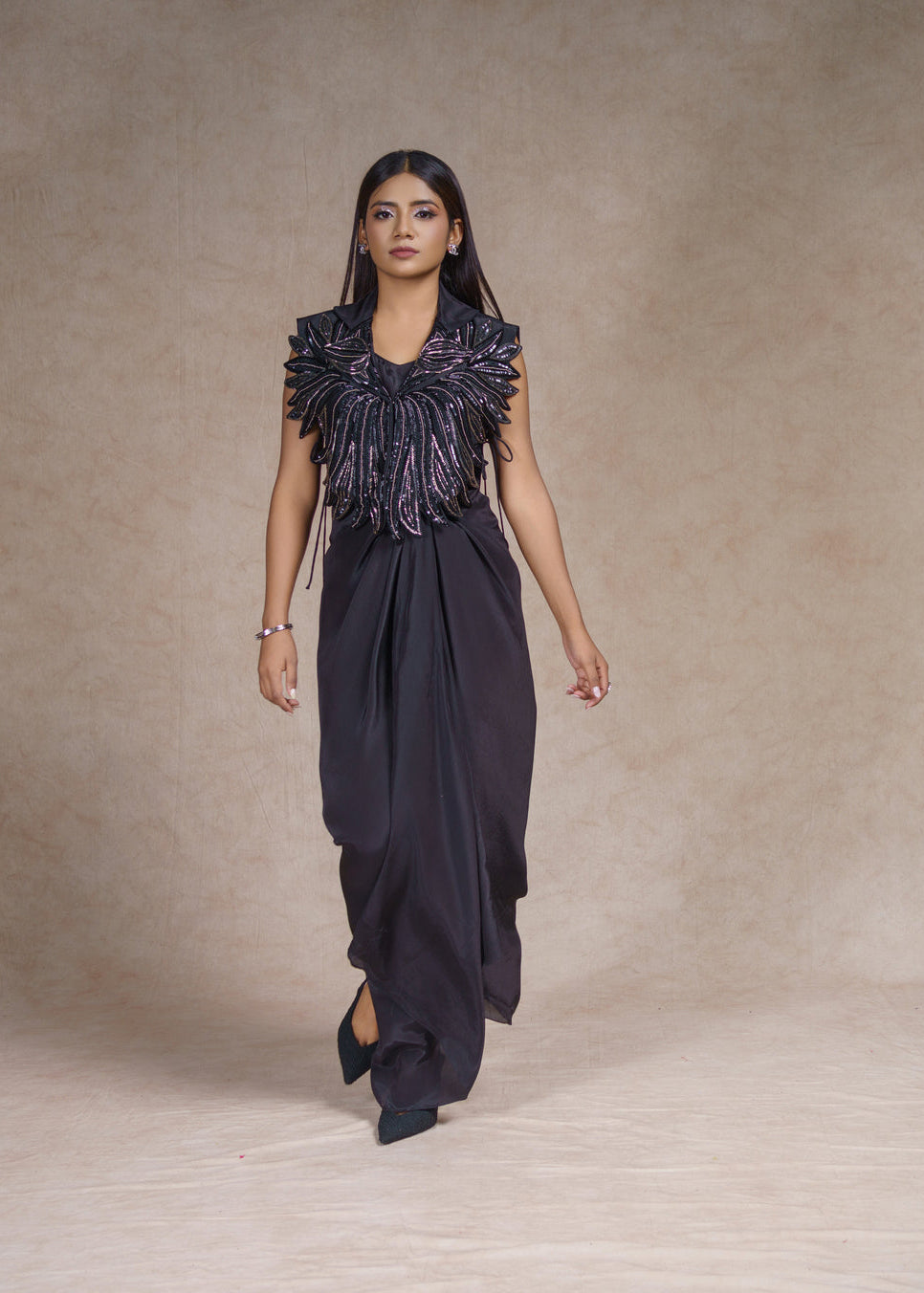 Black stardust embroidered sleeveless jacket with drape dress set