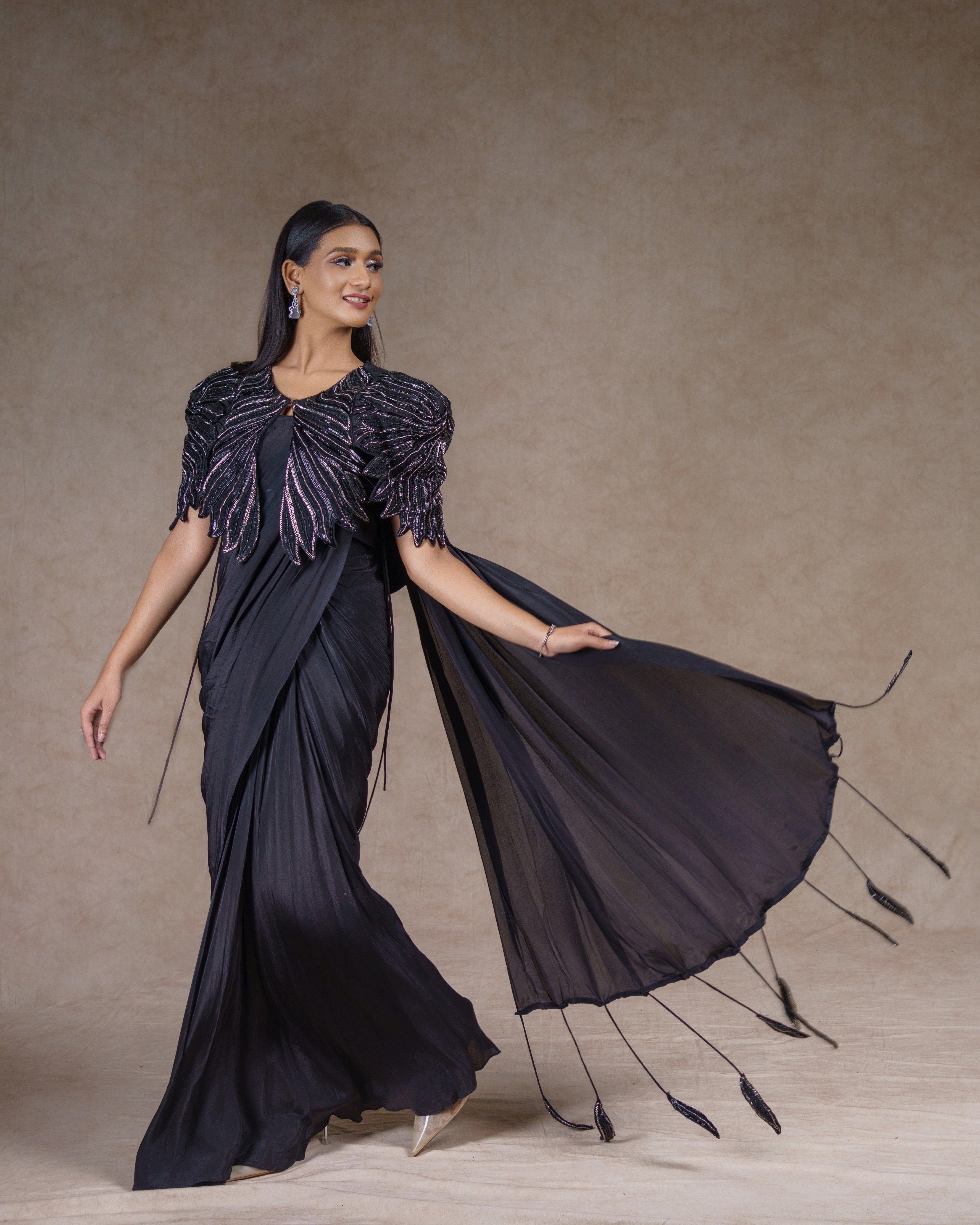 Black Bat Sleeve Saree