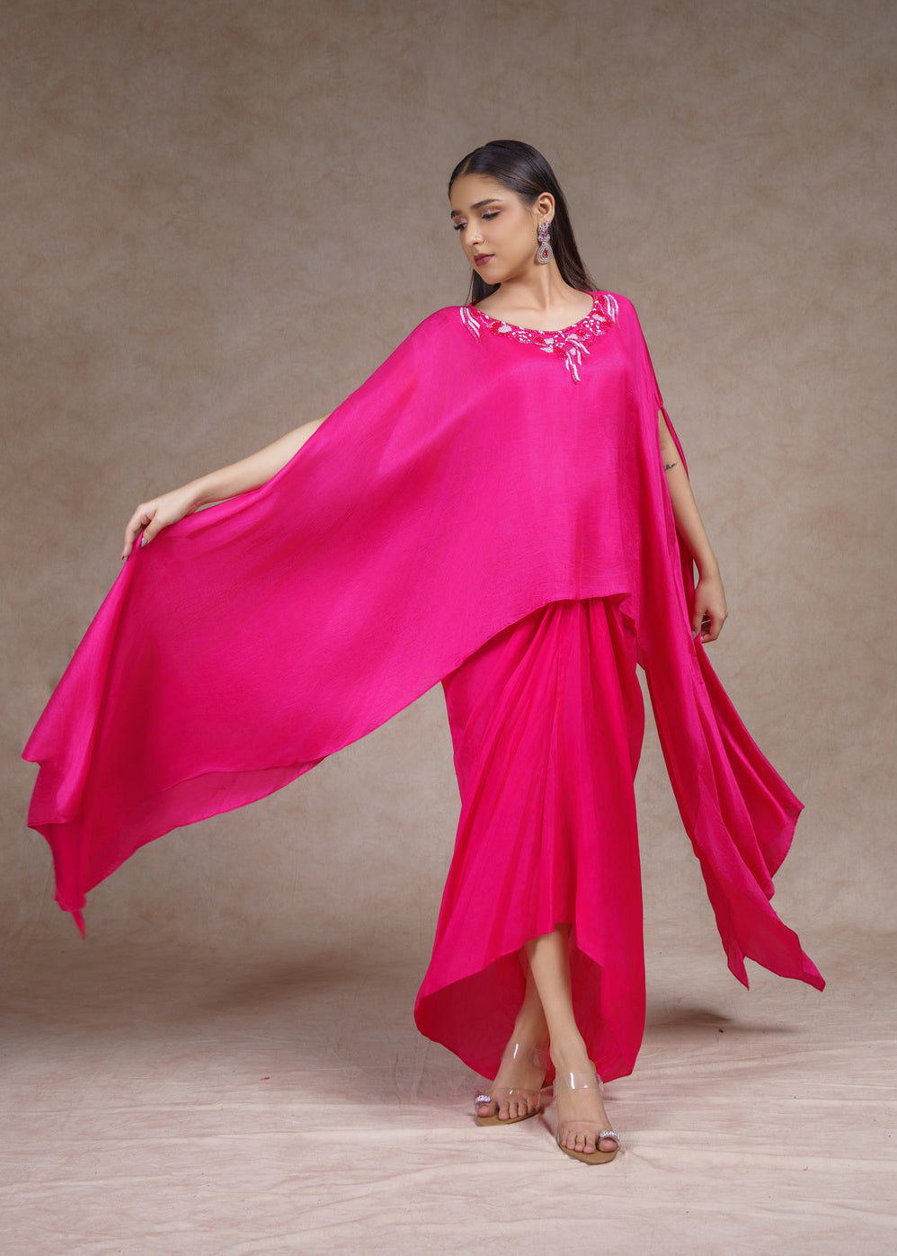 Pink embroidered kaftan with drape skirt set