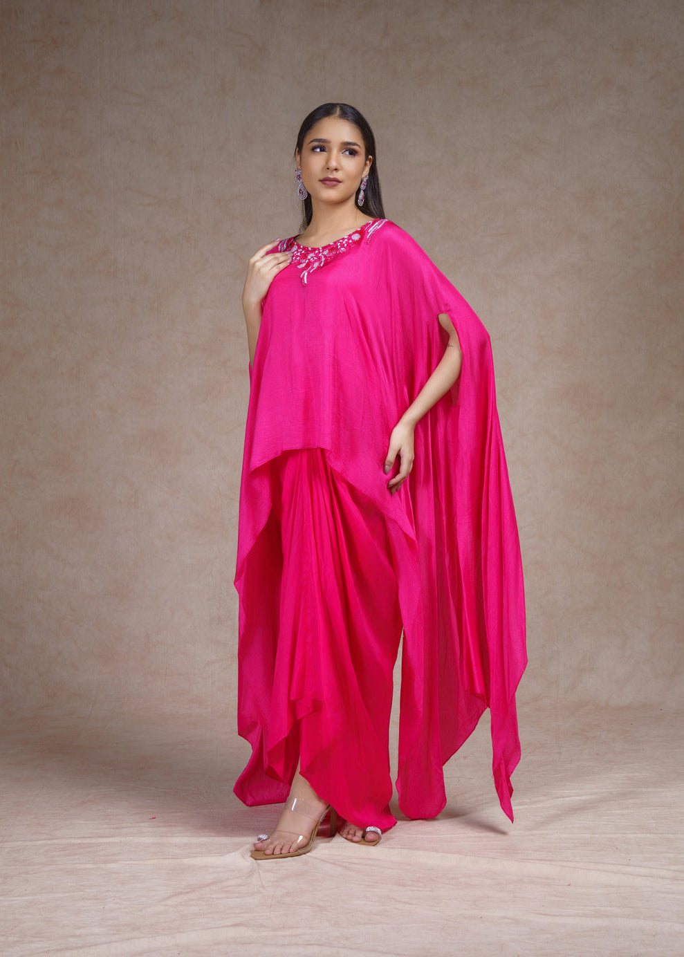 Pink embroidered kaftan with drape skirt set