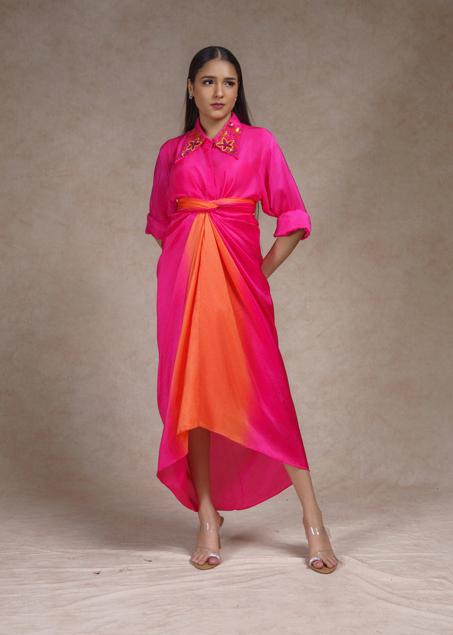 Pink embroidered shirt with ombre skirt set