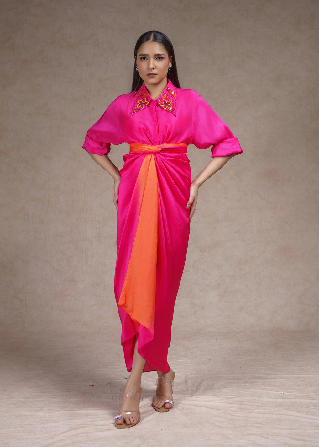 Pink embroidered shirt with ombre skirt set