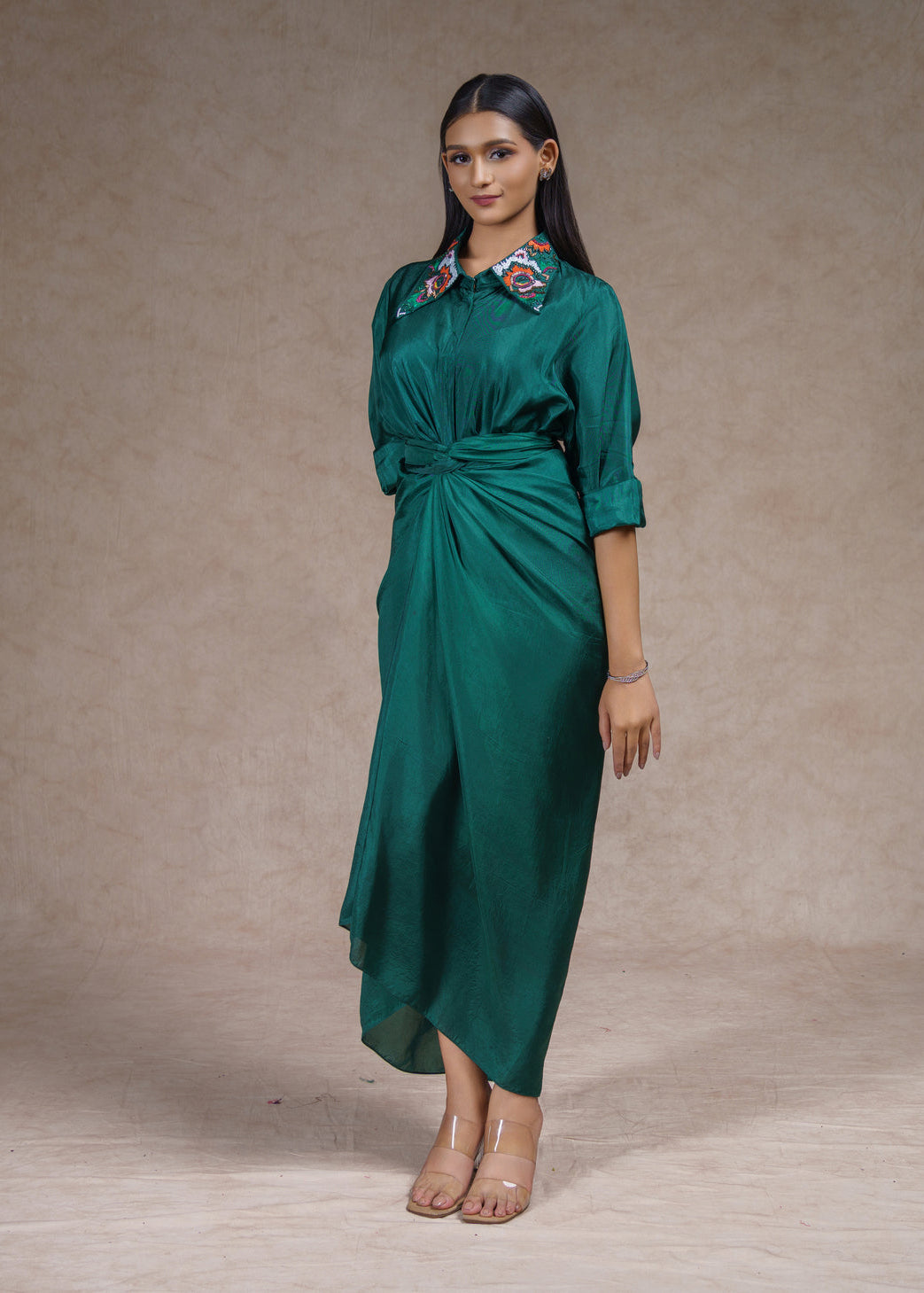 Embroidered shirt with drape skirt set