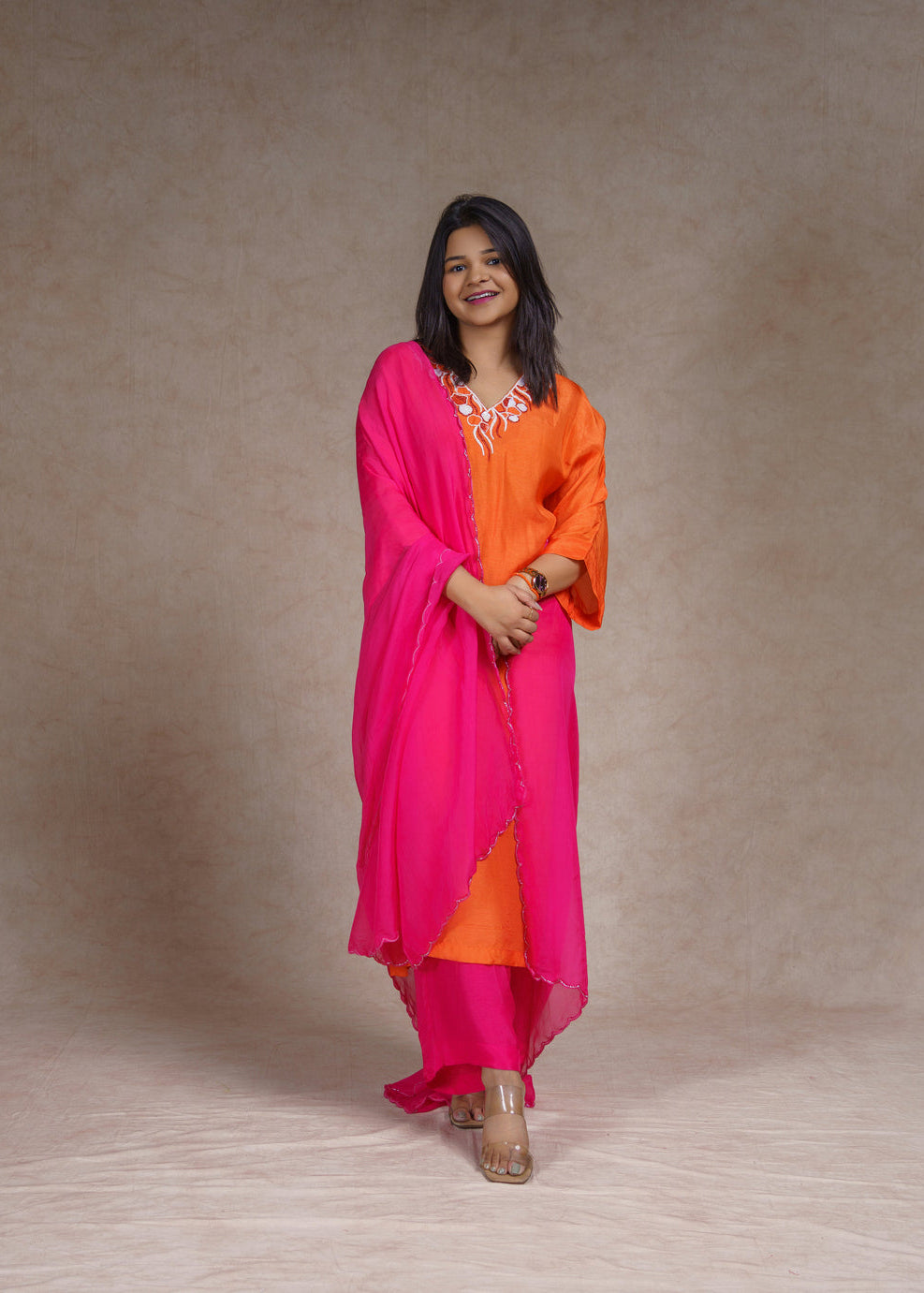 Orange embroidered straight kurta set