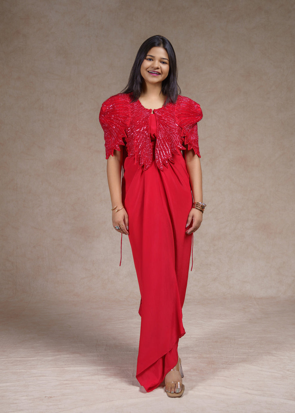 Embroidered jacket with drape skirt set