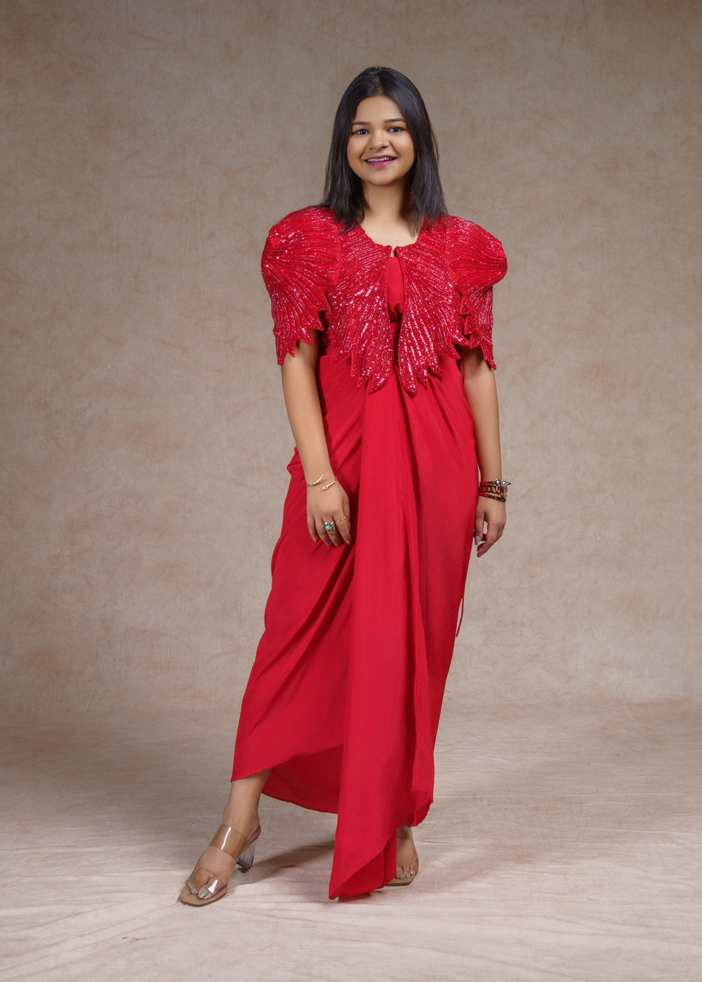 Embroidered jacket with drape skirt set