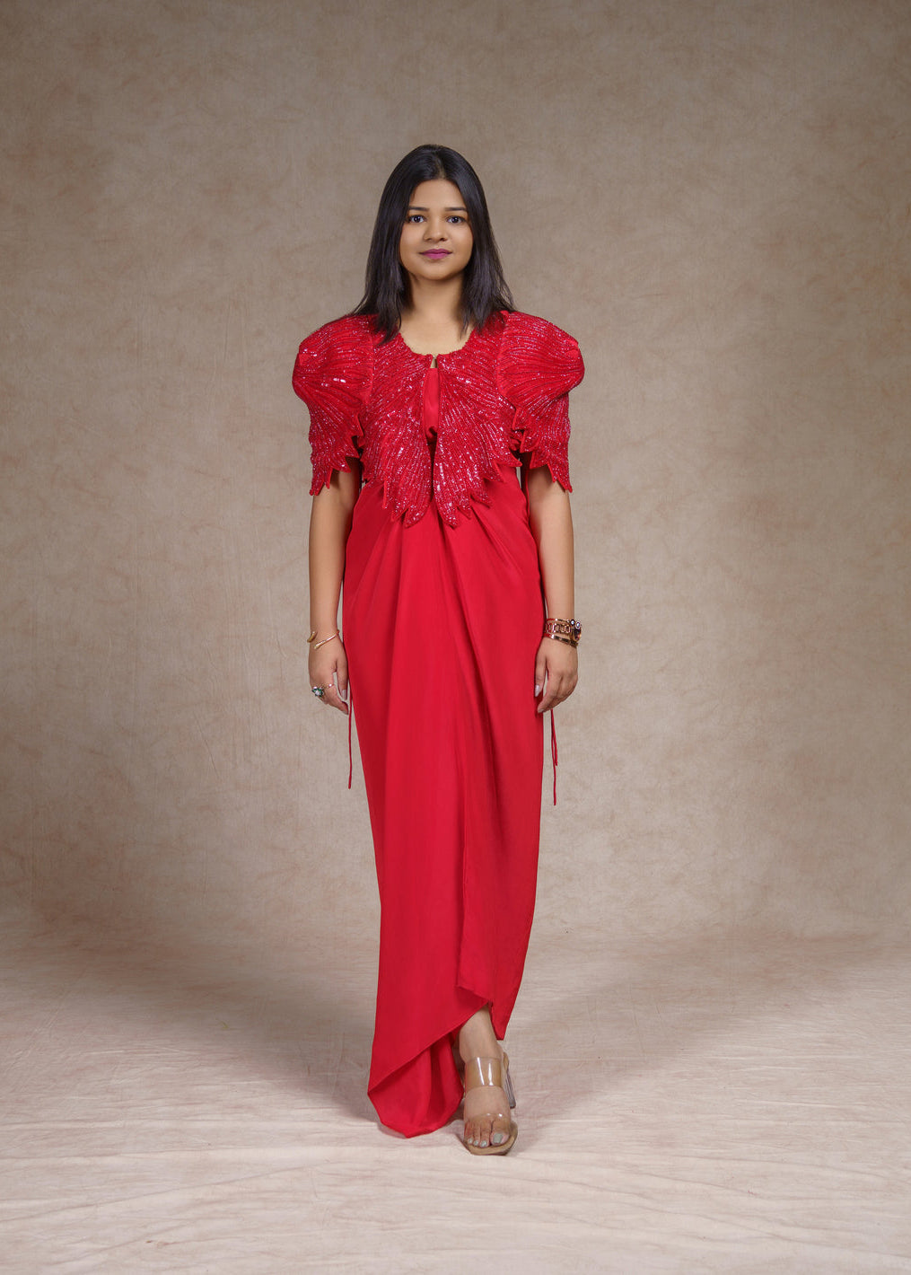 Embroidered jacket with drape skirt set