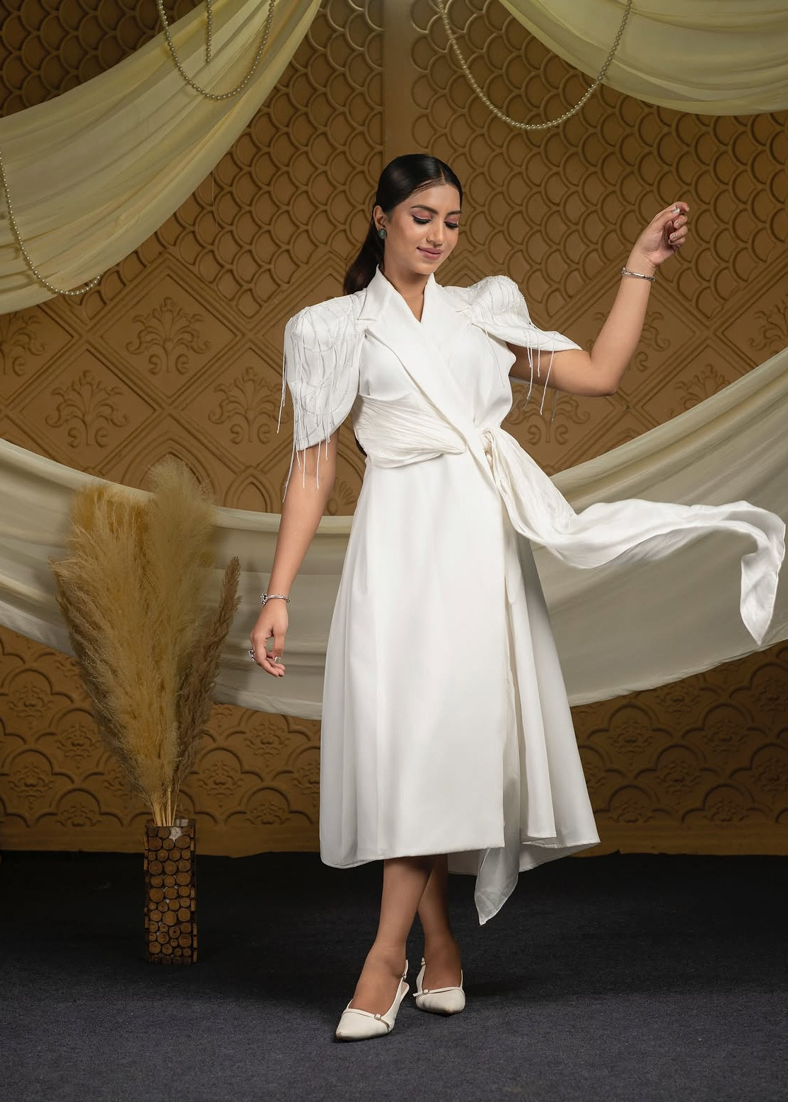 White dazzle embroidered wrap around dress
