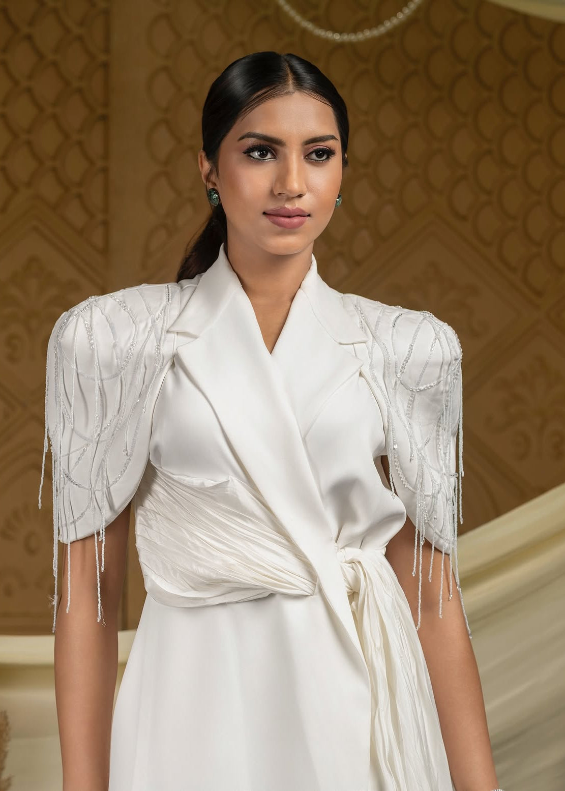 White dazzle embroidered wrap around dress