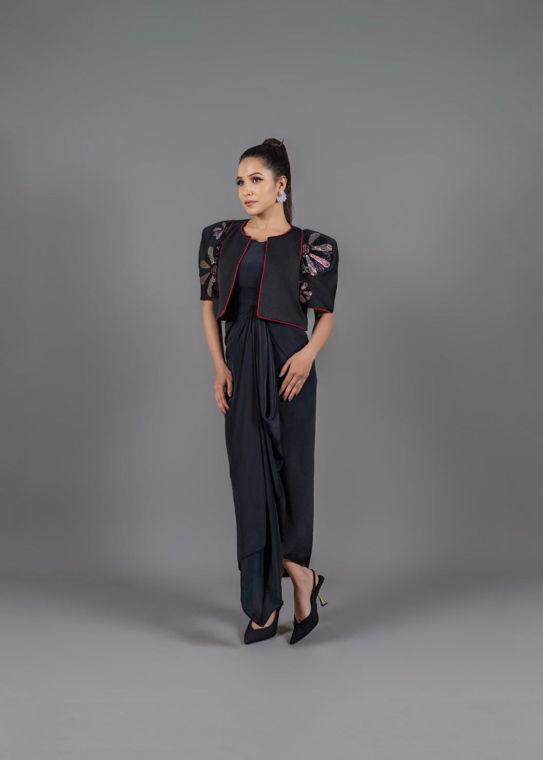 Black drape dress with jacket set