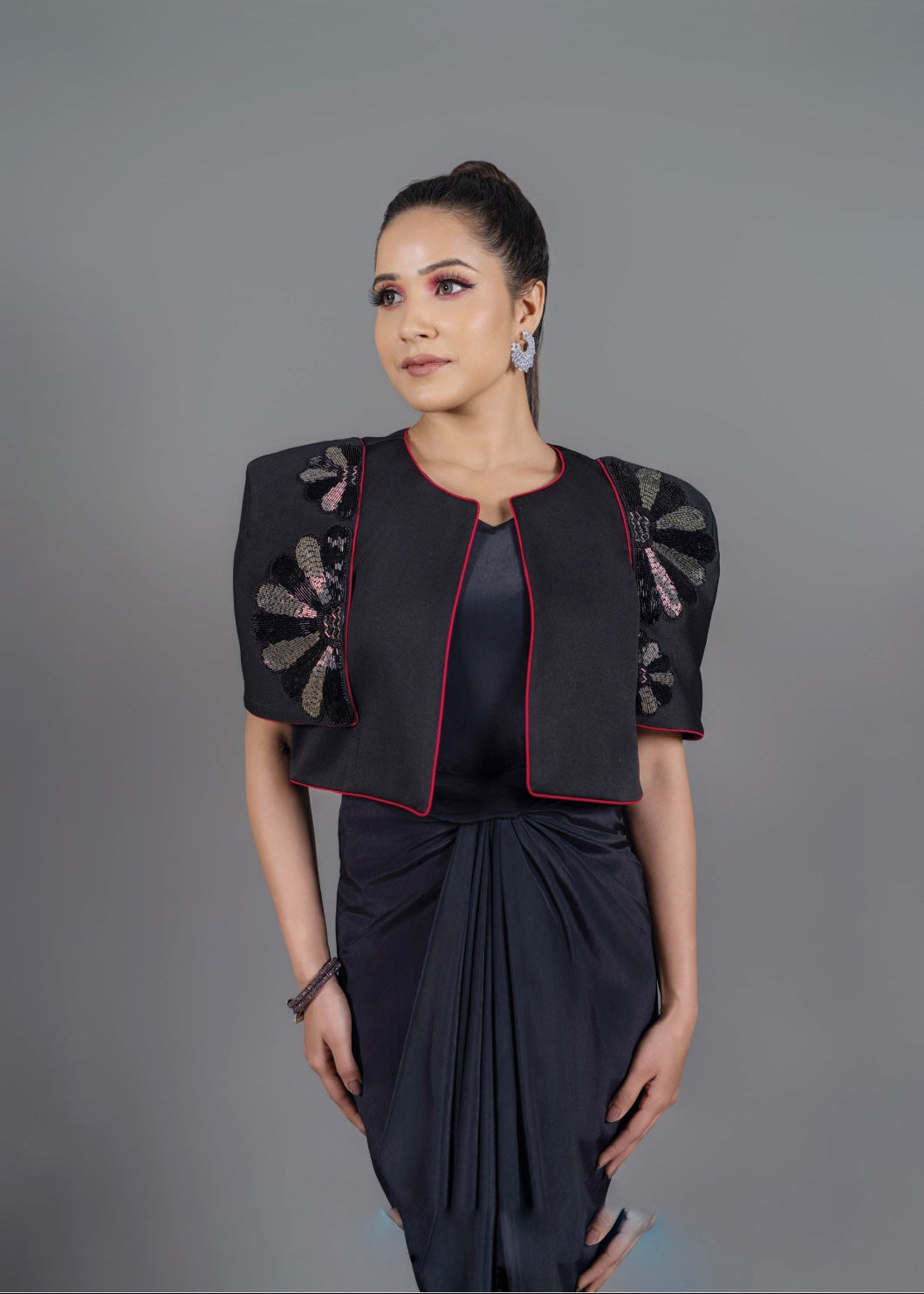 Black drape dress with jacket set