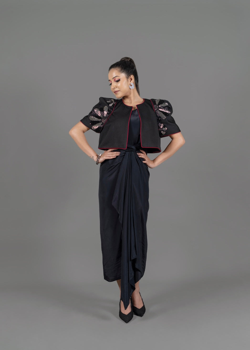 Black drape dress with jacket set