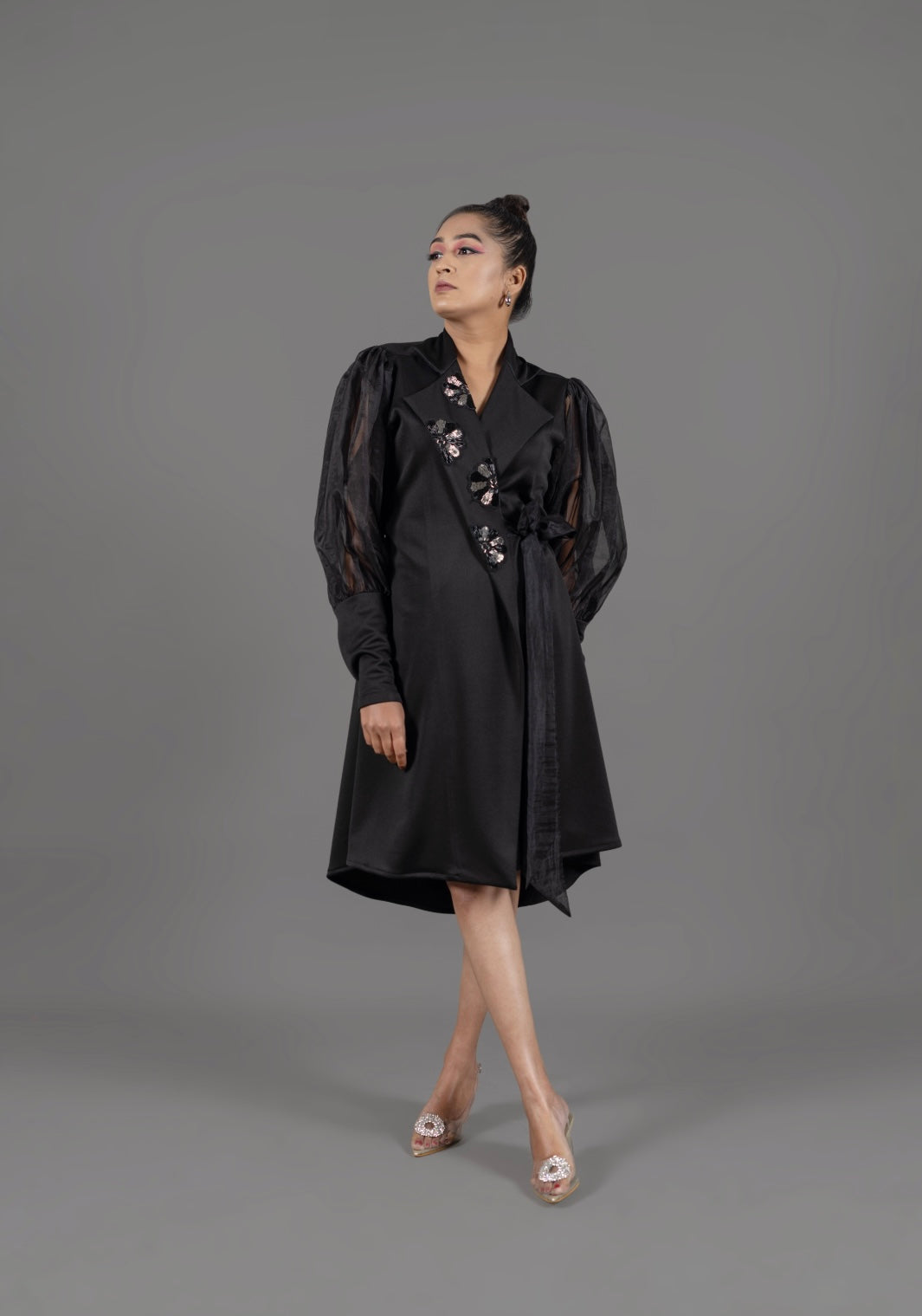 Black embroidered wrap around dress