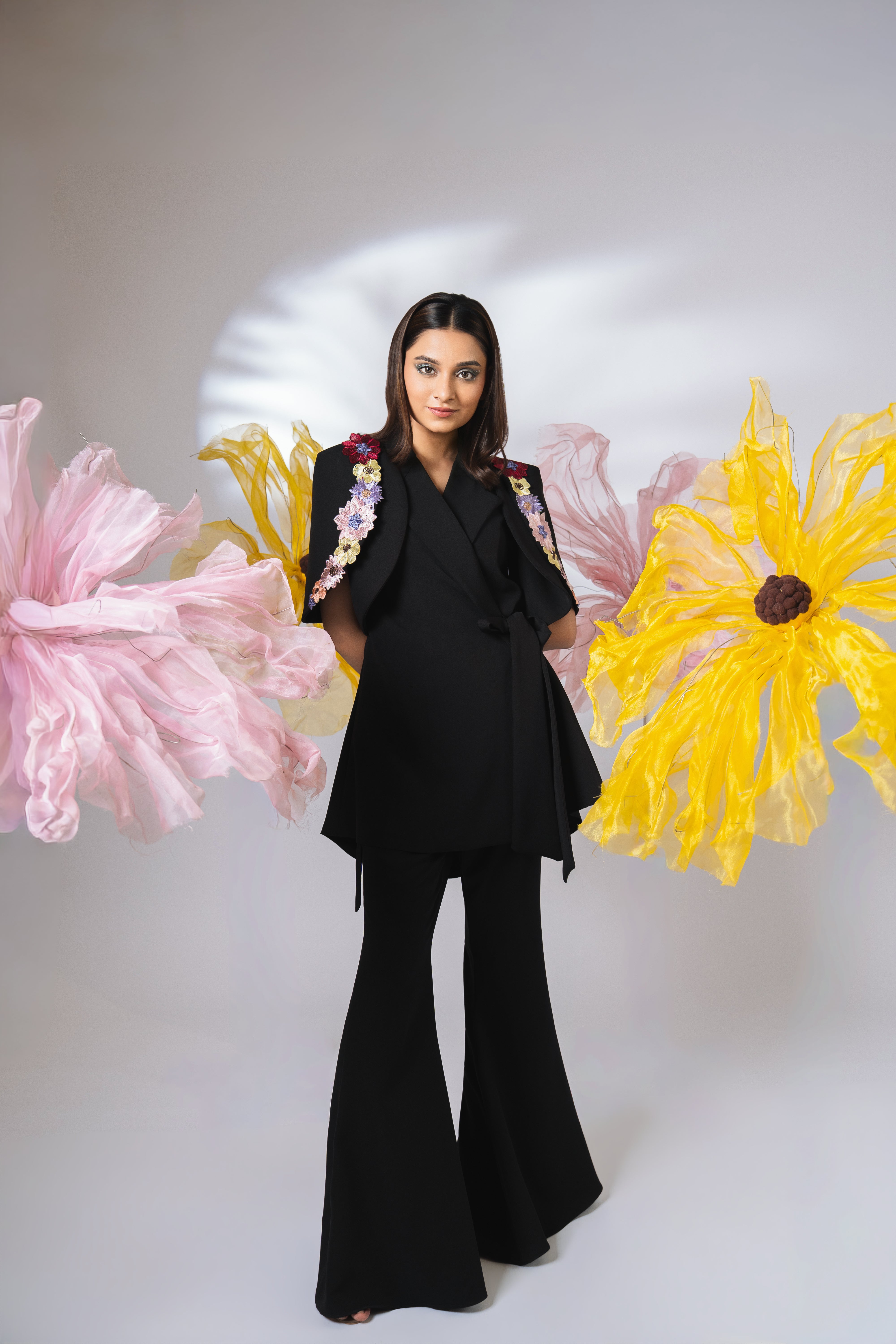 Black embellished floral wrap around co-ord set