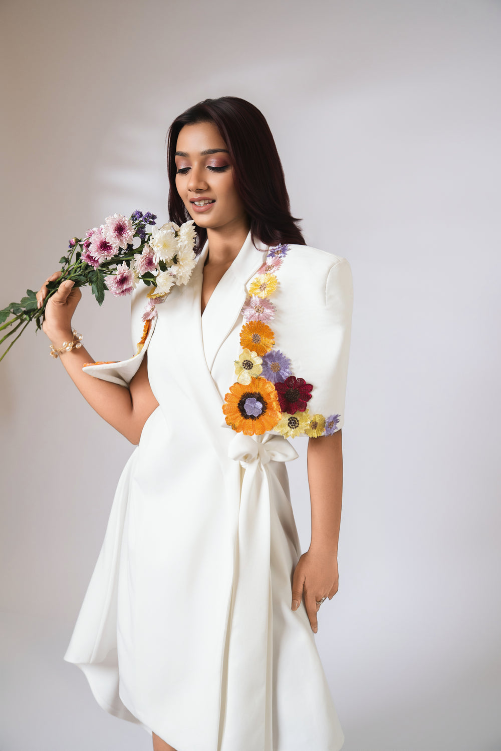 White embellished floral wrap around dress