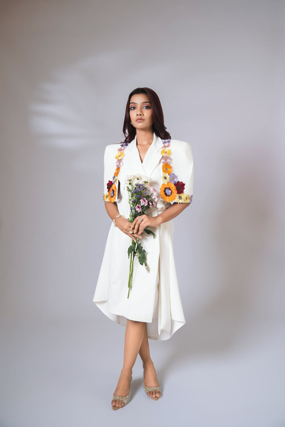 White embellished floral wrap around dress