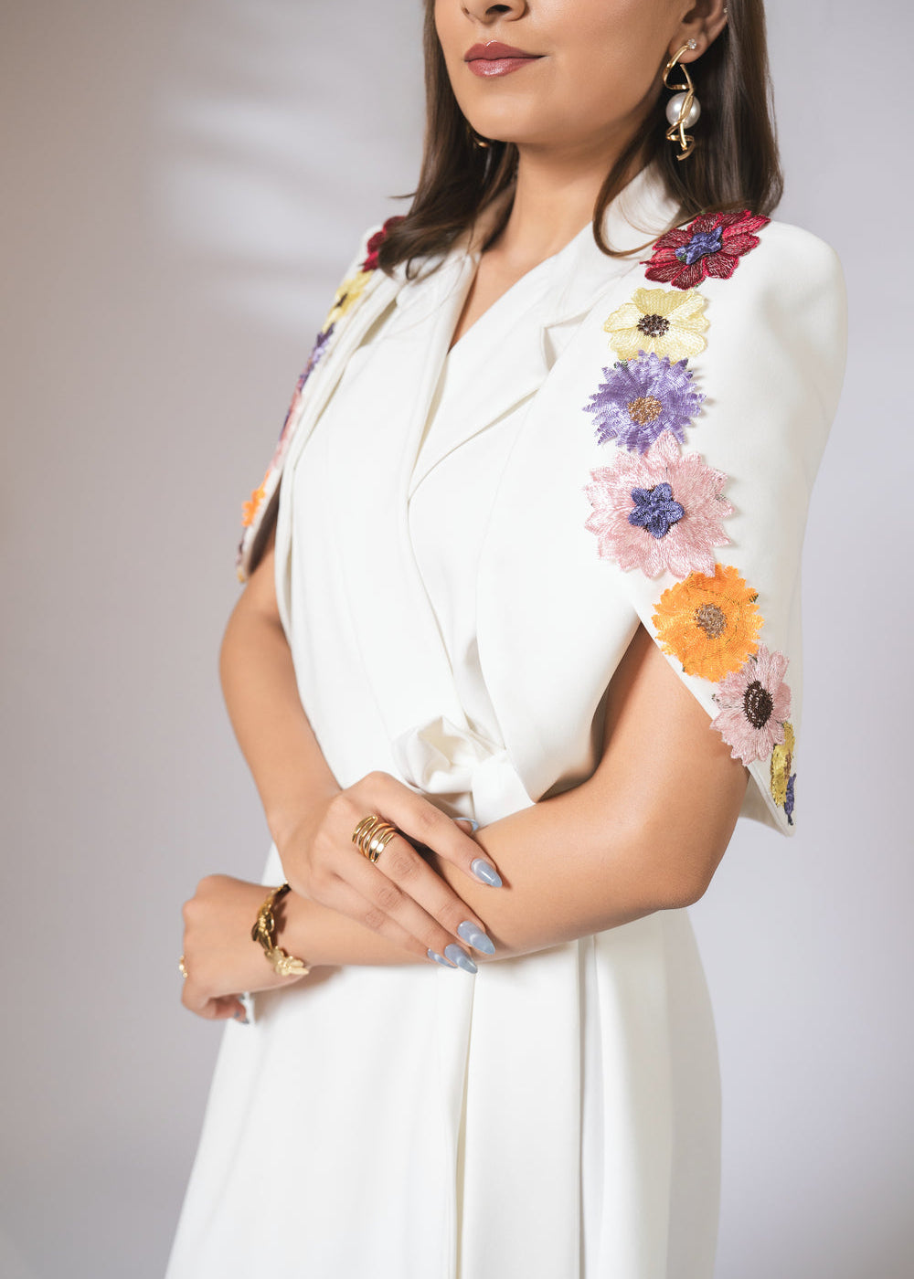White embellished floral wrap around dress