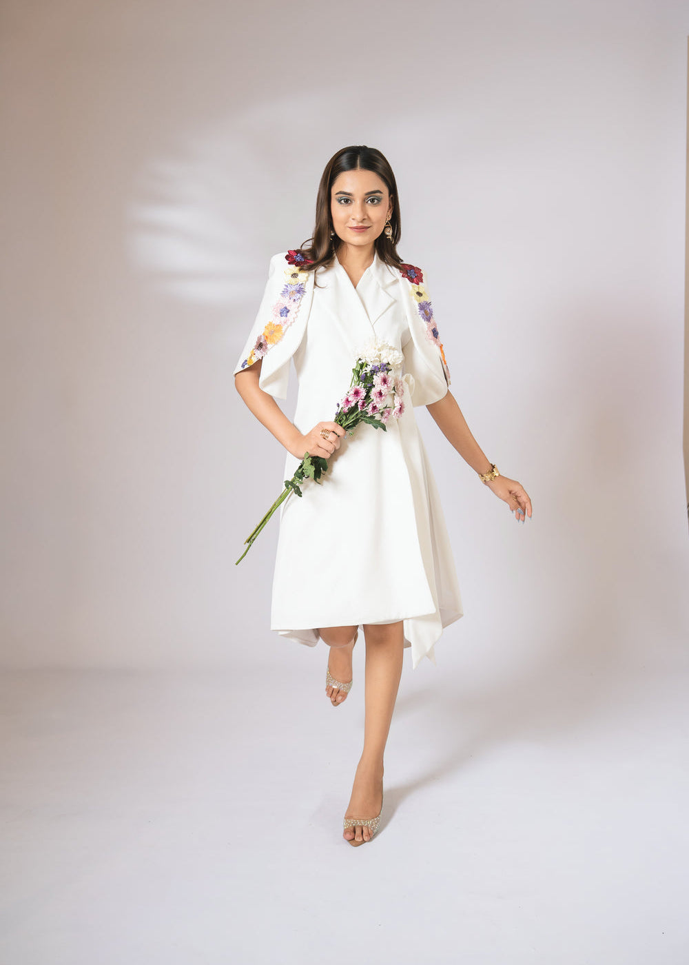 White embellished floral wrap around dress