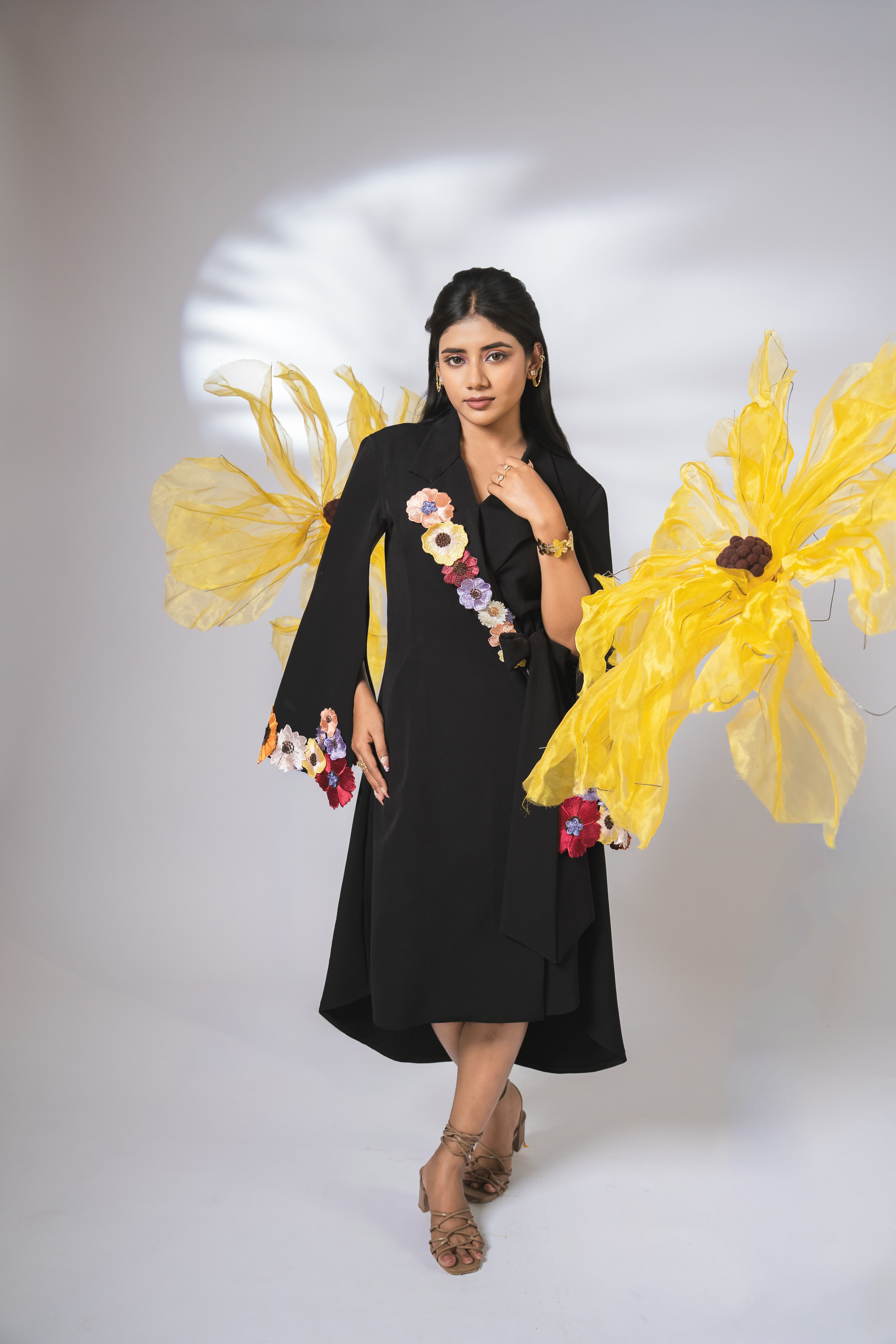 Black embellished floral wrap around dress