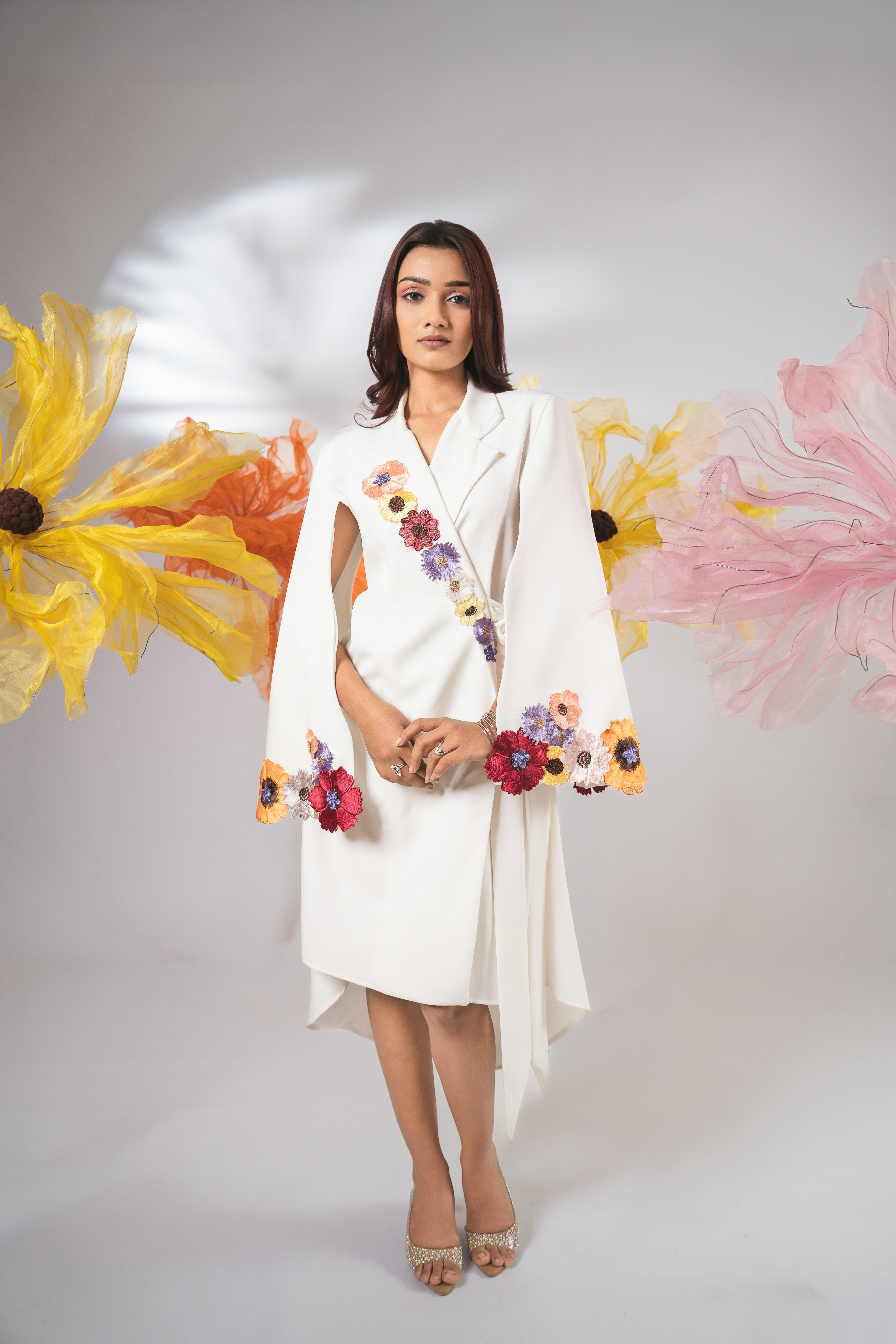 Embellished floral wrap around dress