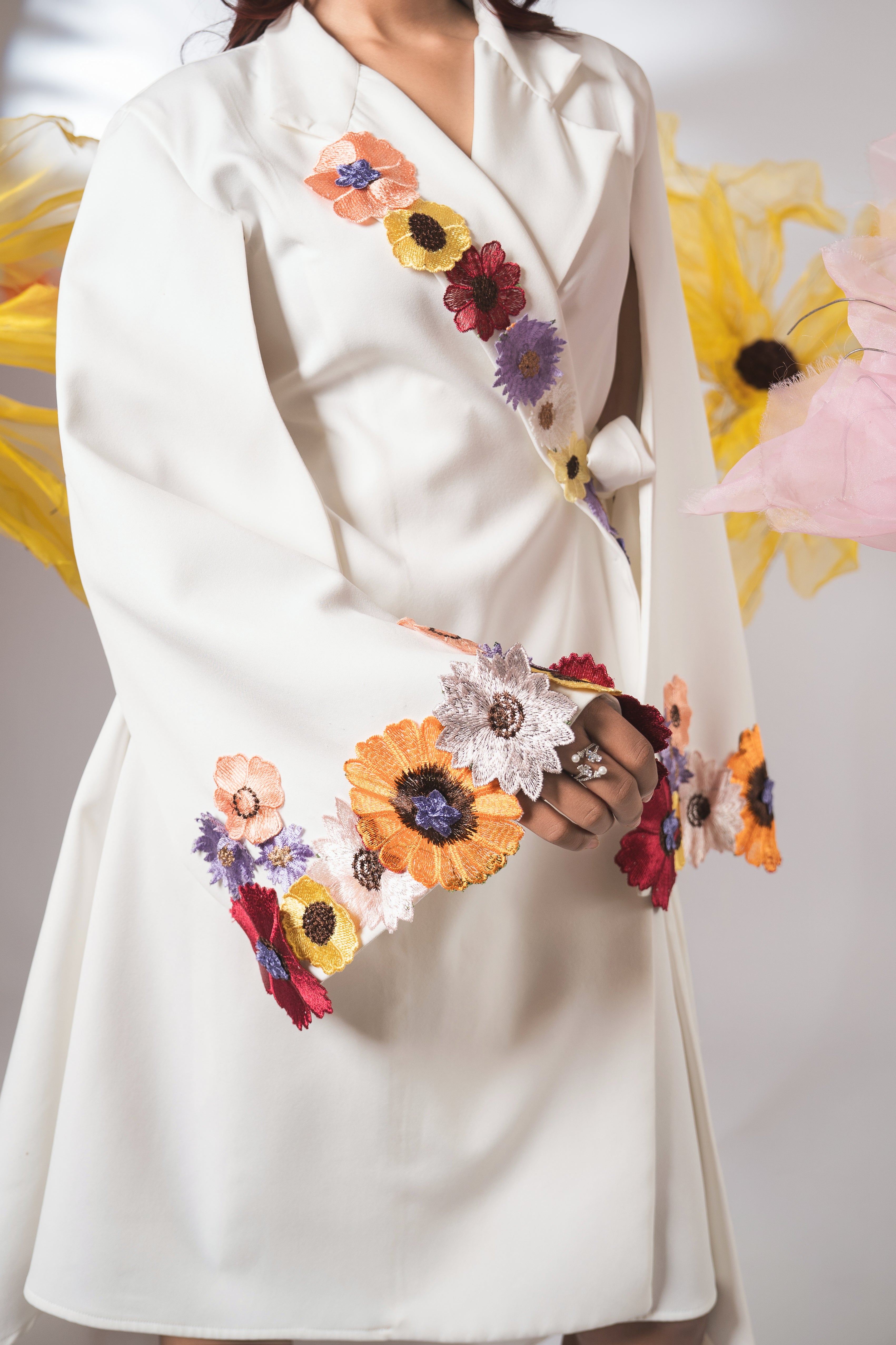 Embellished floral wrap around dress