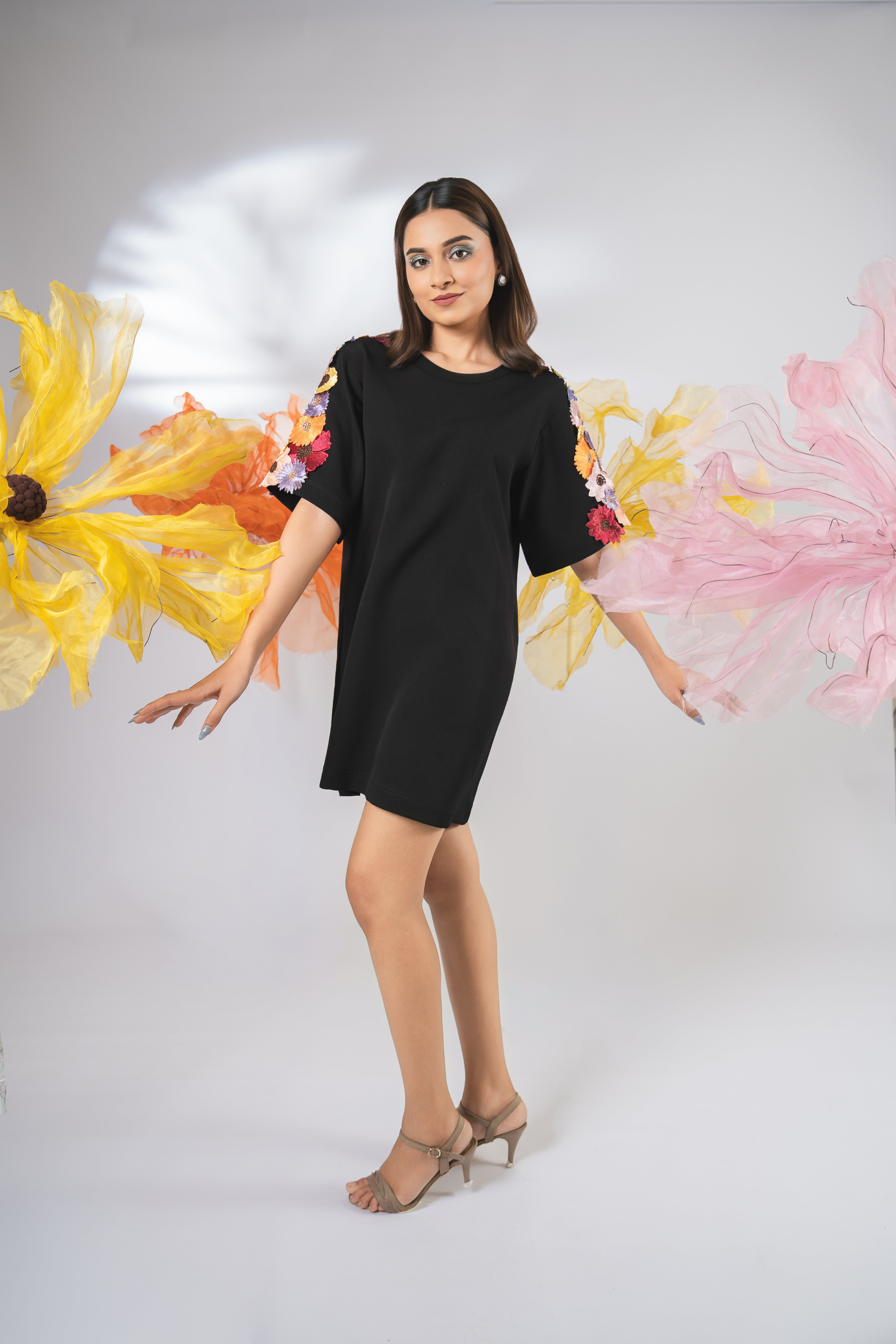 Black embellished floral t-shirt dress