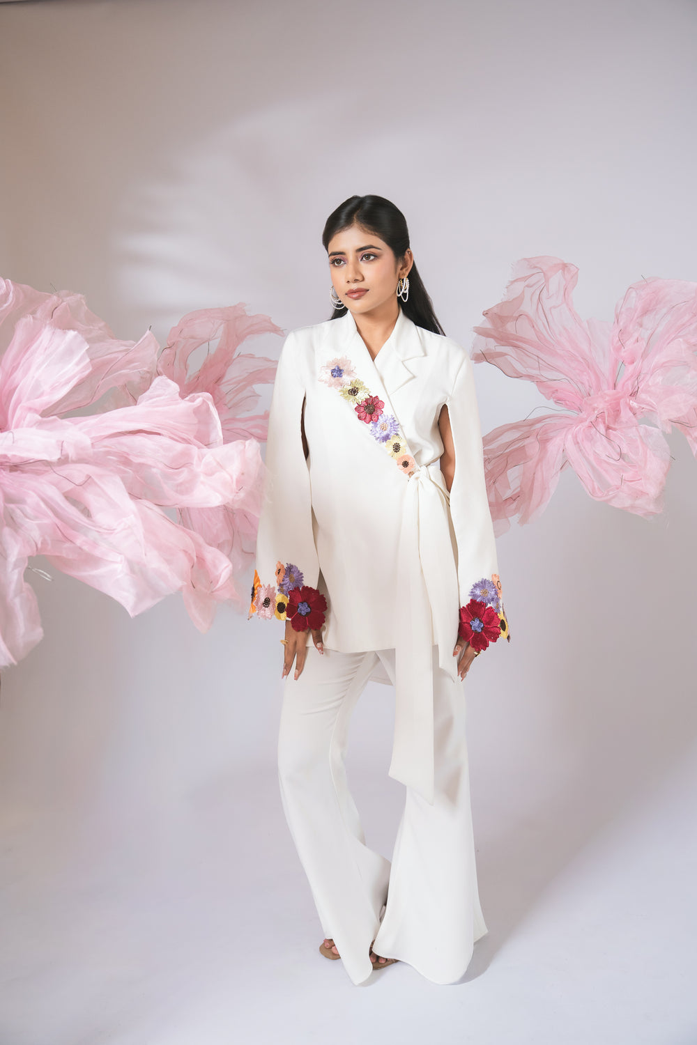 White embellished floral wrap around co-ord set