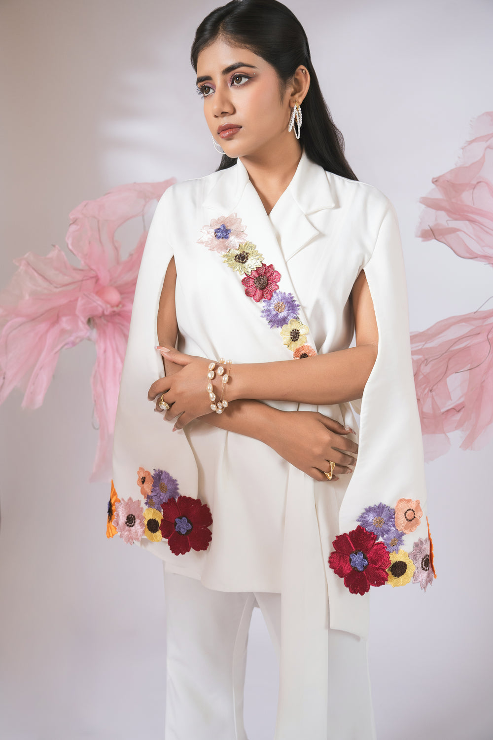 White embellished floral wrap around co-ord set
