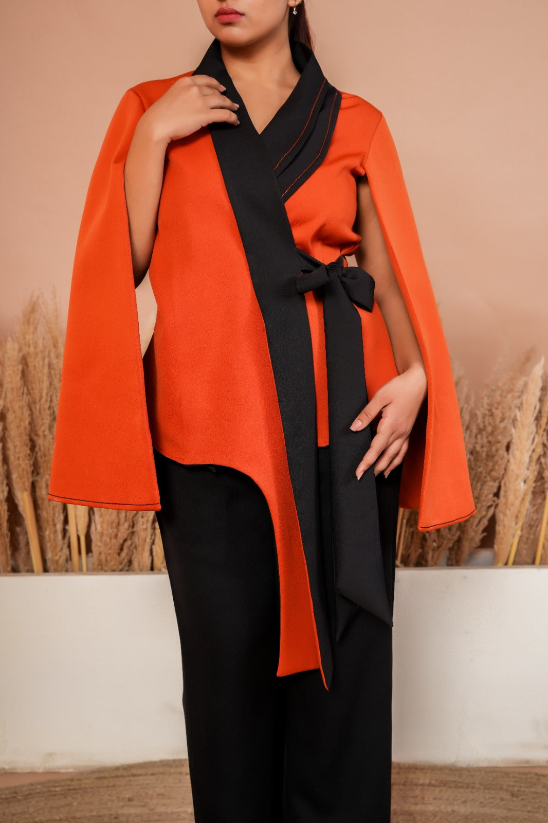 Orange black waterfall sleeves co-ord set