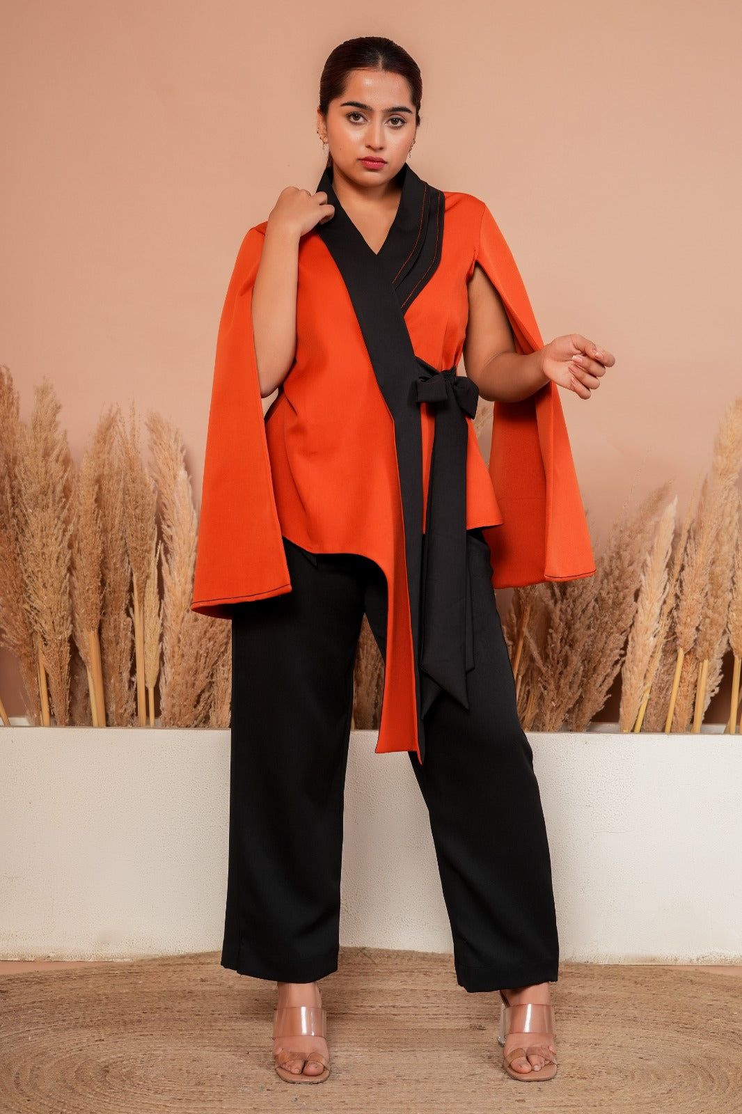 Orange black waterfall sleeves co-ord set